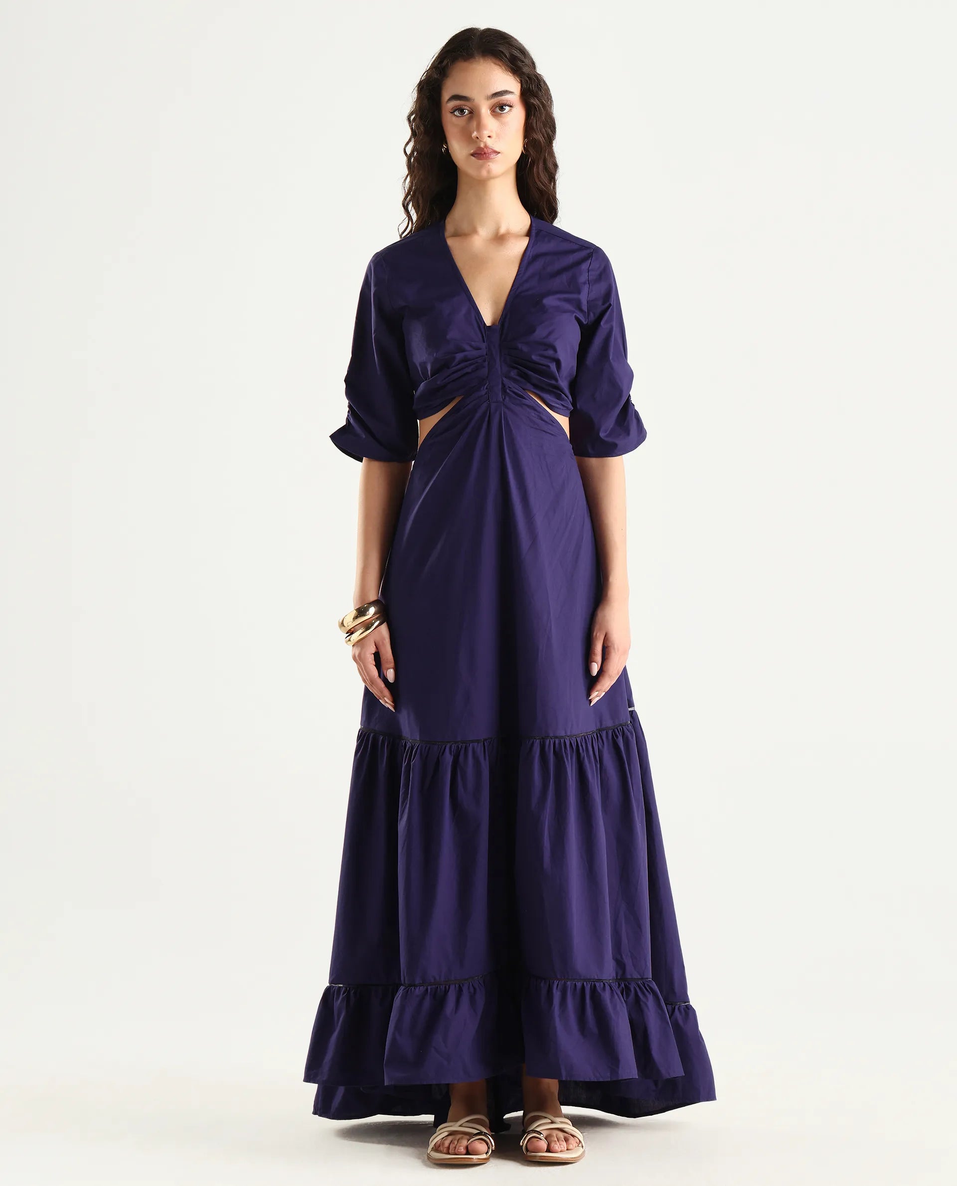 Rareism Women's Lesman Dark Purple Cotton V-Neck Plain Puff Sleeves Maxi Fit And Flare Dress