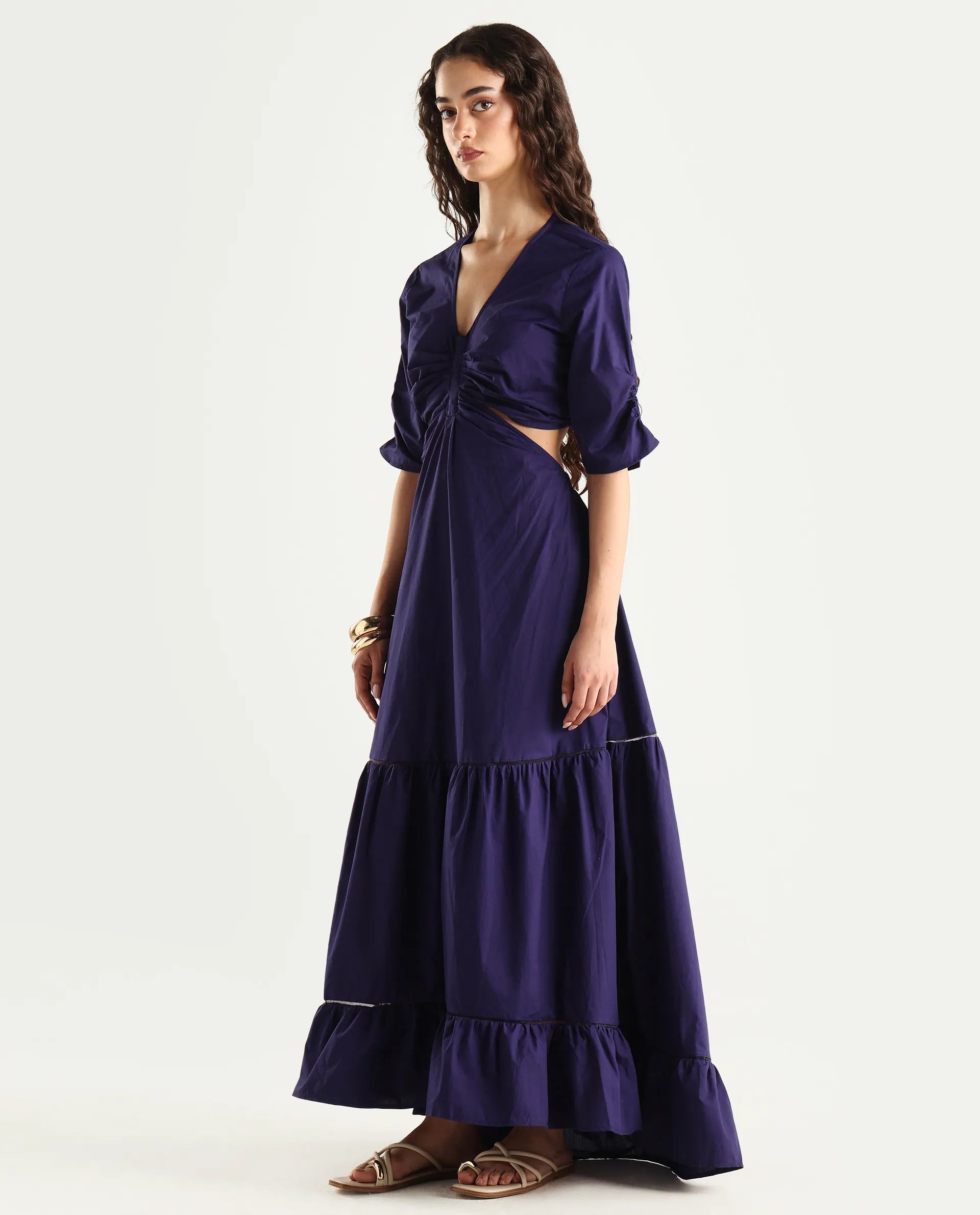 Rareism Women's Lesman Dark Purple Cotton V-Neck Plain Puff Sleeves Maxi Fit And Flare Dress