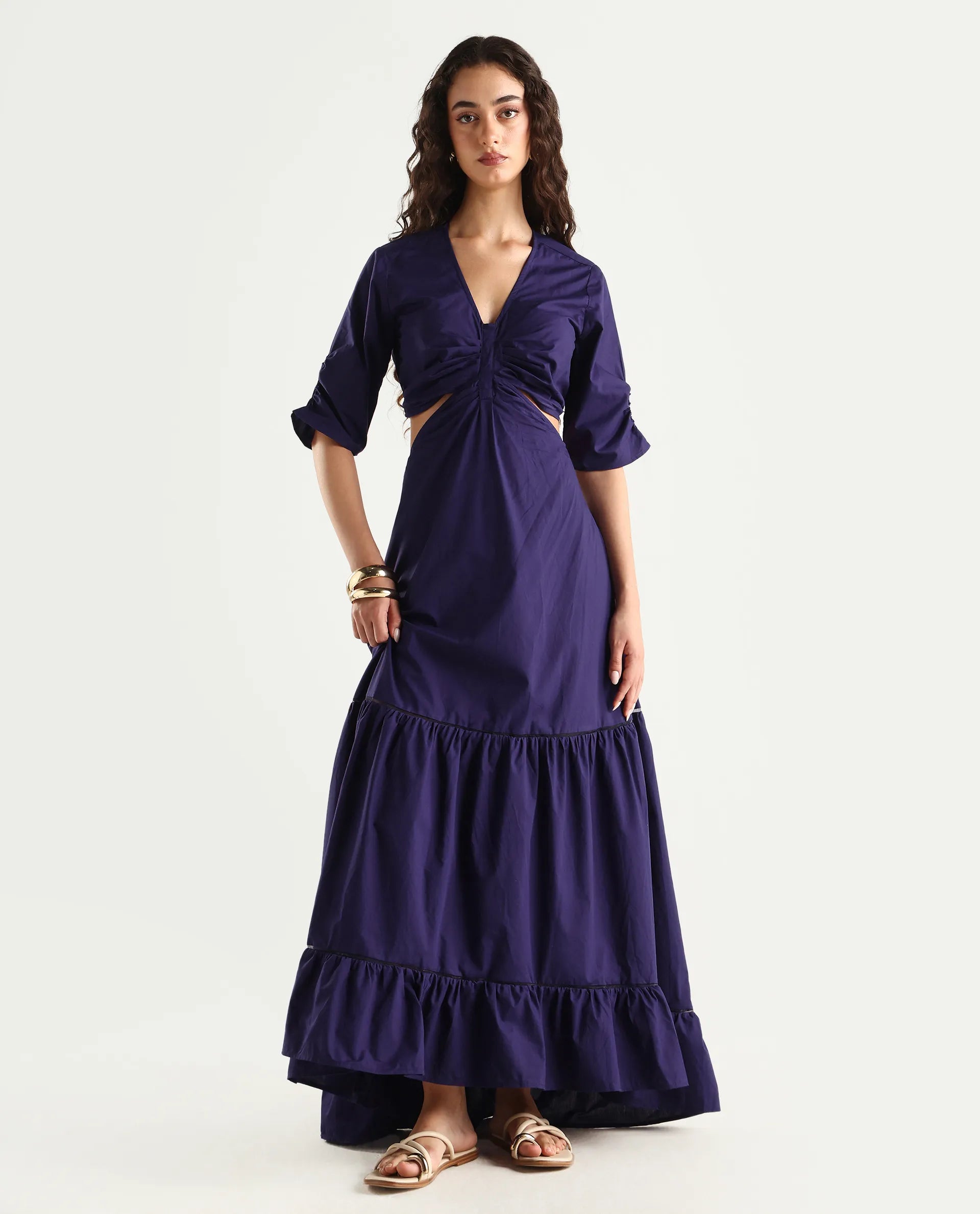 Rareism Women's Lesman Dark Purple Cotton V-Neck Plain Puff Sleeves Maxi Fit And Flare Dress