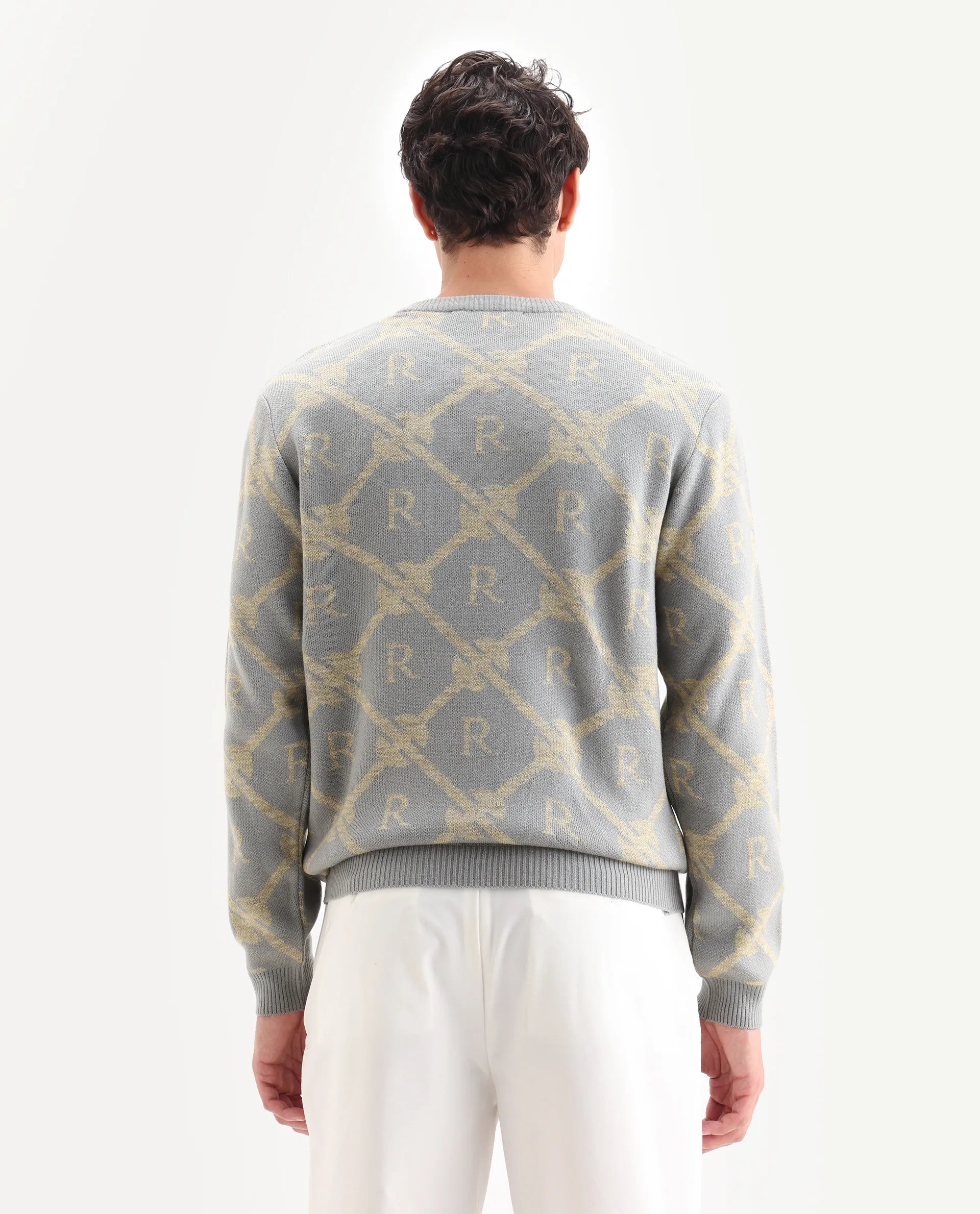 Rare Rabbit Men's Post Dusky Grey Acrylic Monogram Print Regular Fit Full Sleeve Crew Neck Sweater