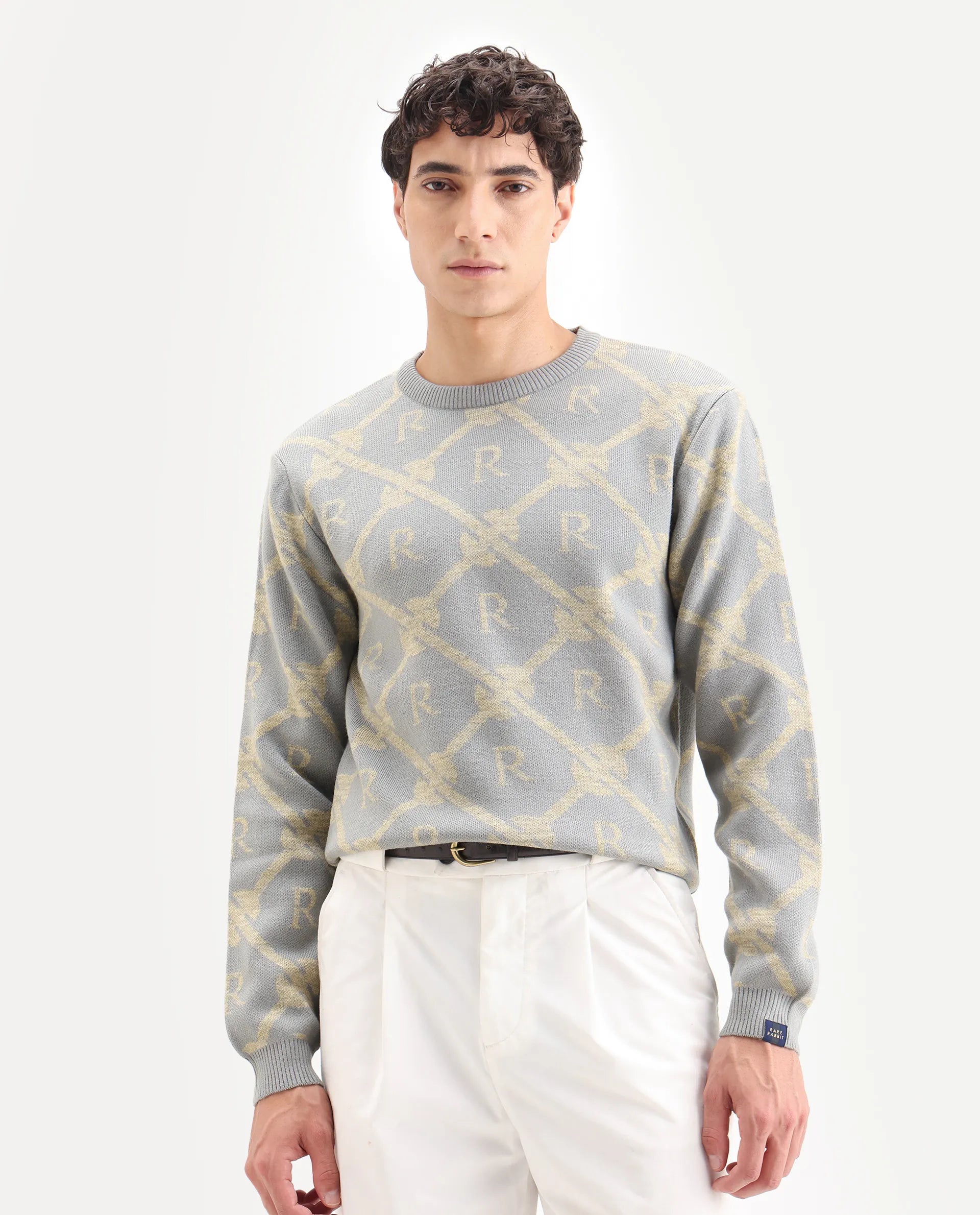 Rare Rabbit Men's Post Dusky Grey Acrylic Monogram Print Regular Fit Full Sleeve Crew Neck Sweater