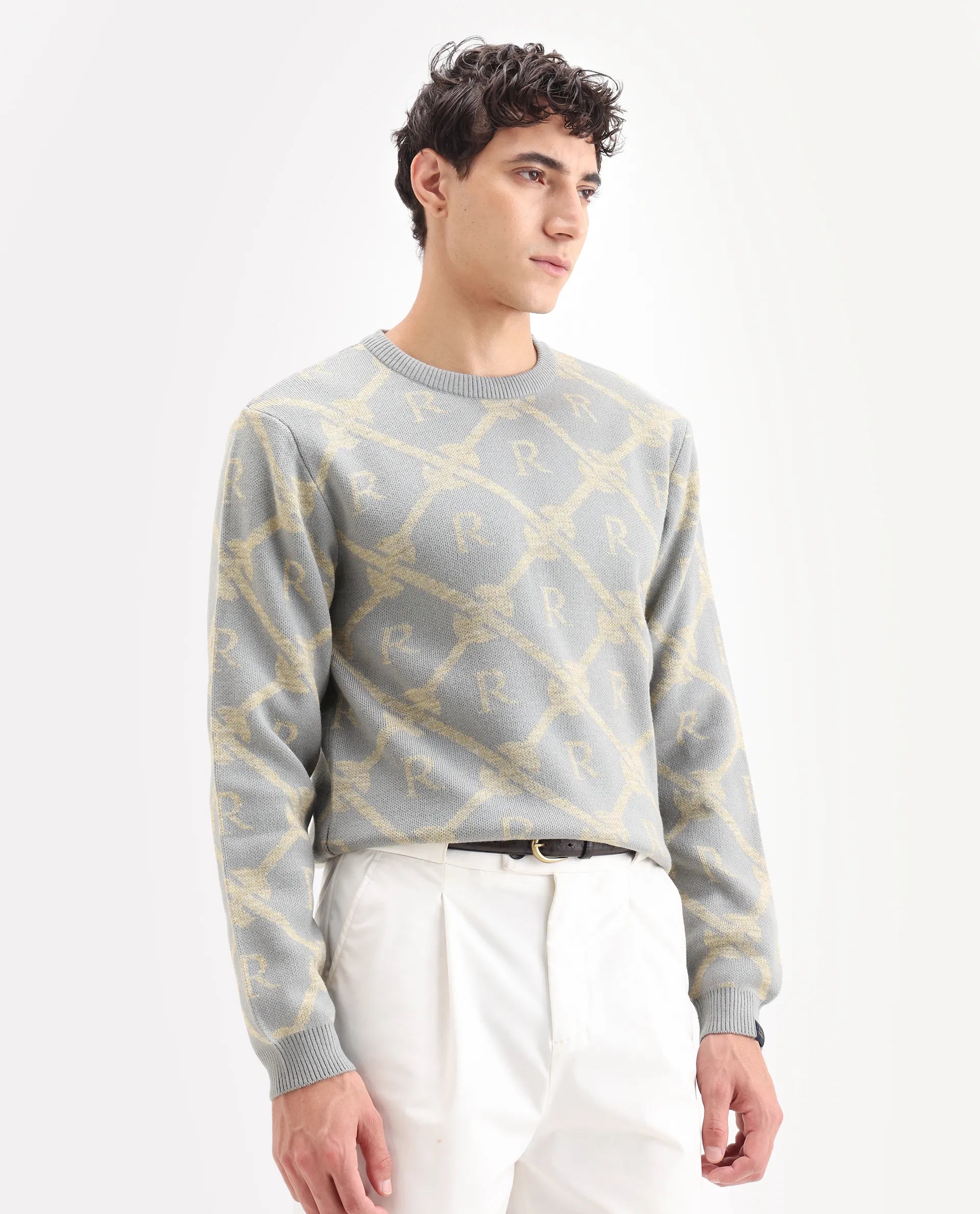Rare Rabbit Men's Post Dusky Grey Acrylic Monogram Print Regular Fit Full Sleeve Crew Neck Sweater