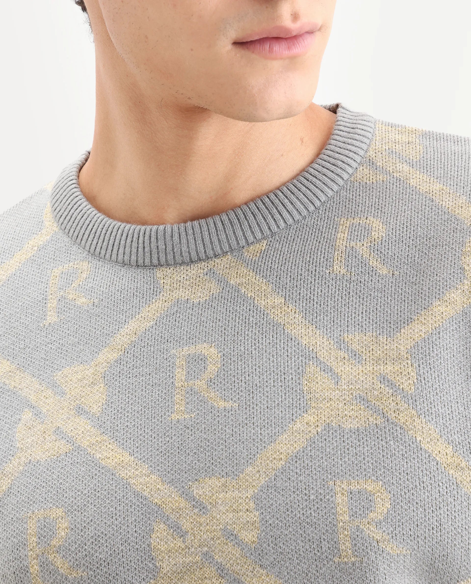 Rare Rabbit Men's Post Dusky Grey Acrylic Monogram Print Regular Fit Full Sleeve Crew Neck Sweater