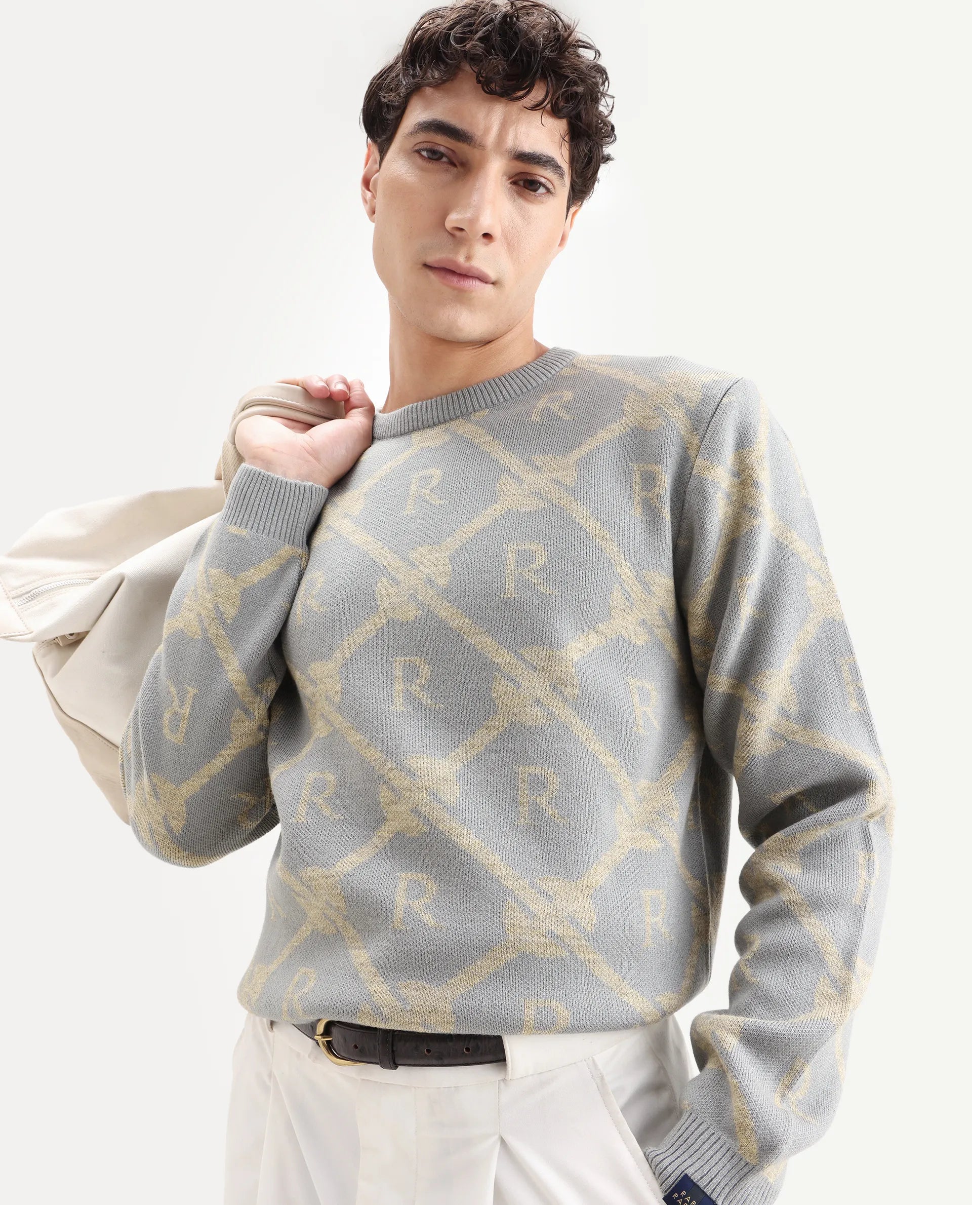 Rare Rabbit Men's Post Dusky Grey Acrylic Monogram Print Regular Fit Full Sleeve Crew Neck Sweater