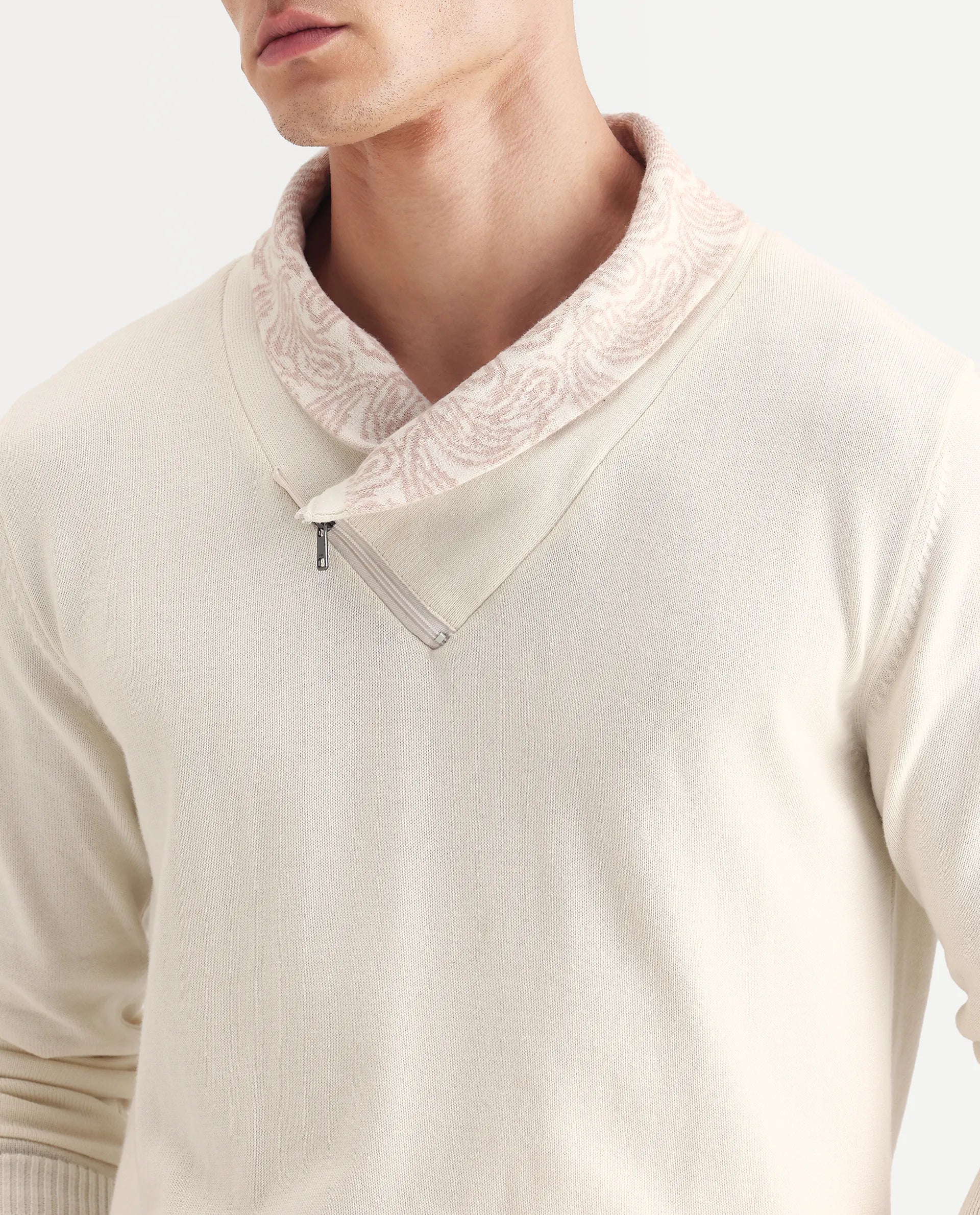 Rare Rabbit Men's Denor Beige Cotton Paisley Print Regular Fit Full Sleeve Cowl Neck Sweater