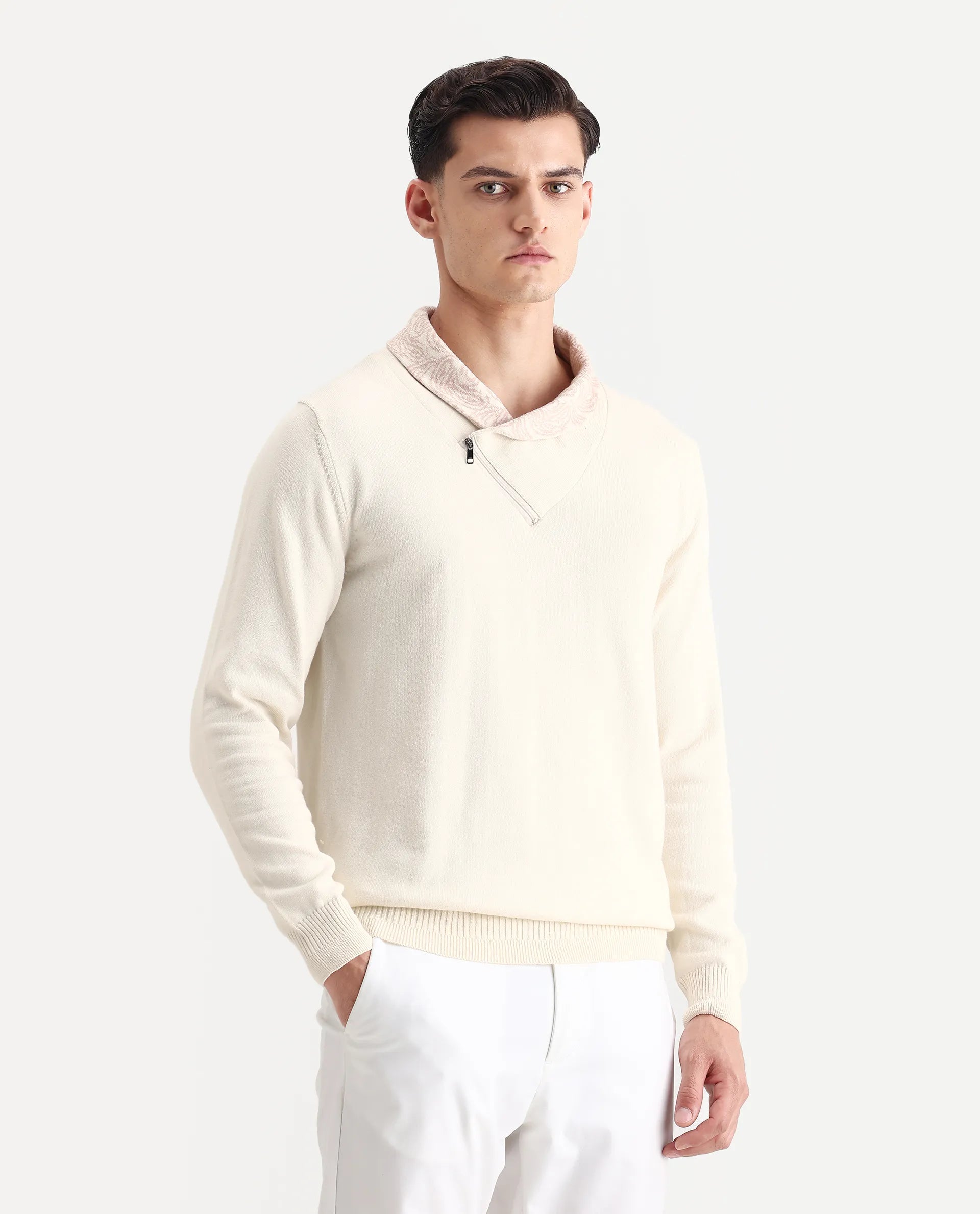 Rare Rabbit Men's Denor Beige Cotton Paisley Print Regular Fit Full Sleeve Cowl Neck Sweater