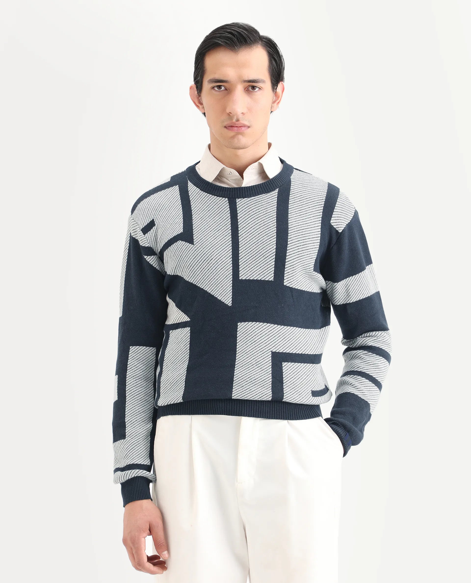 Rare Rabbit Men's Cotton Monogram Print Regular Fit Full Sleeve Crew Neck Sweater