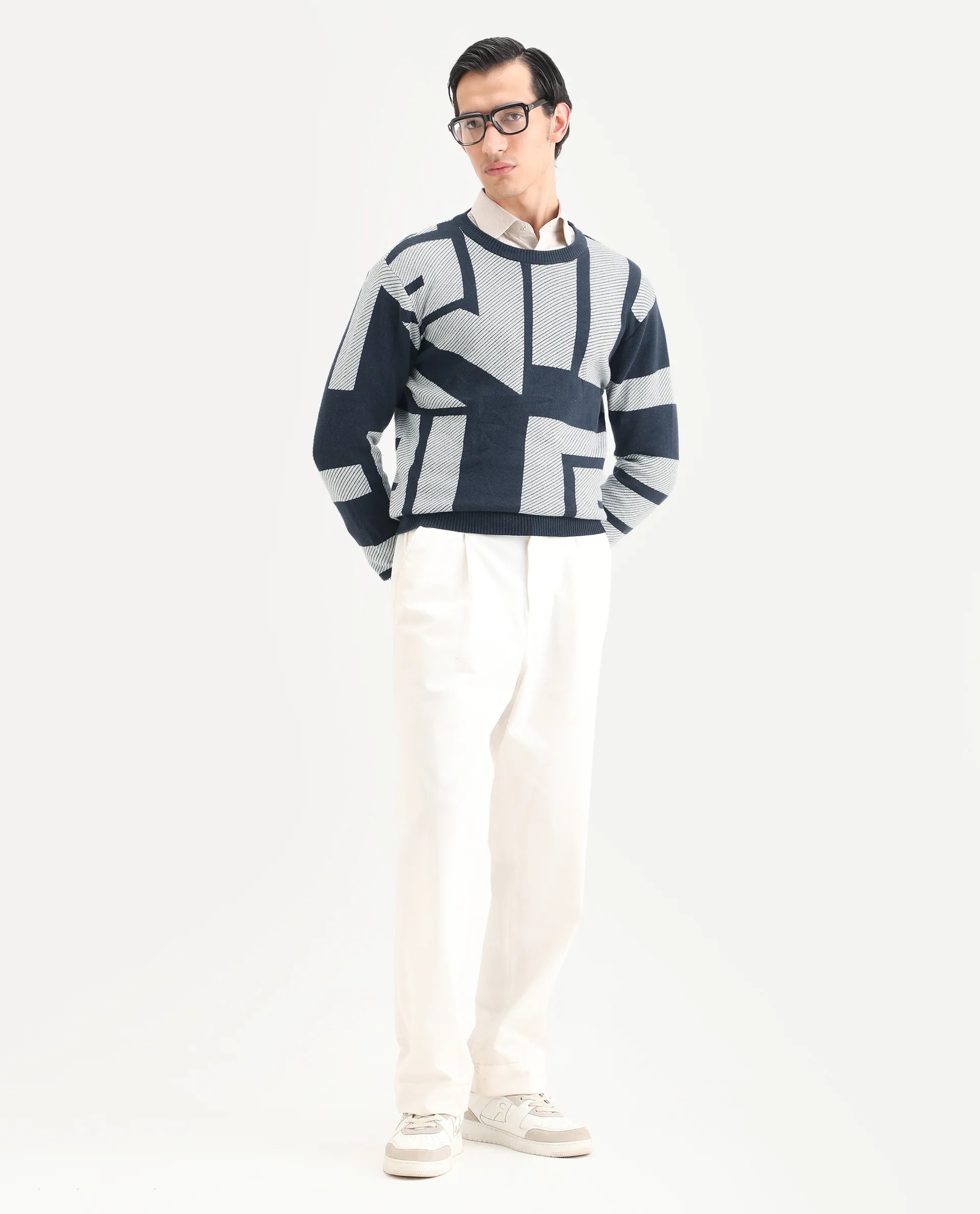 Rare Rabbit Men's Cotton Monogram Print Regular Fit Full Sleeve Crew Neck Sweater