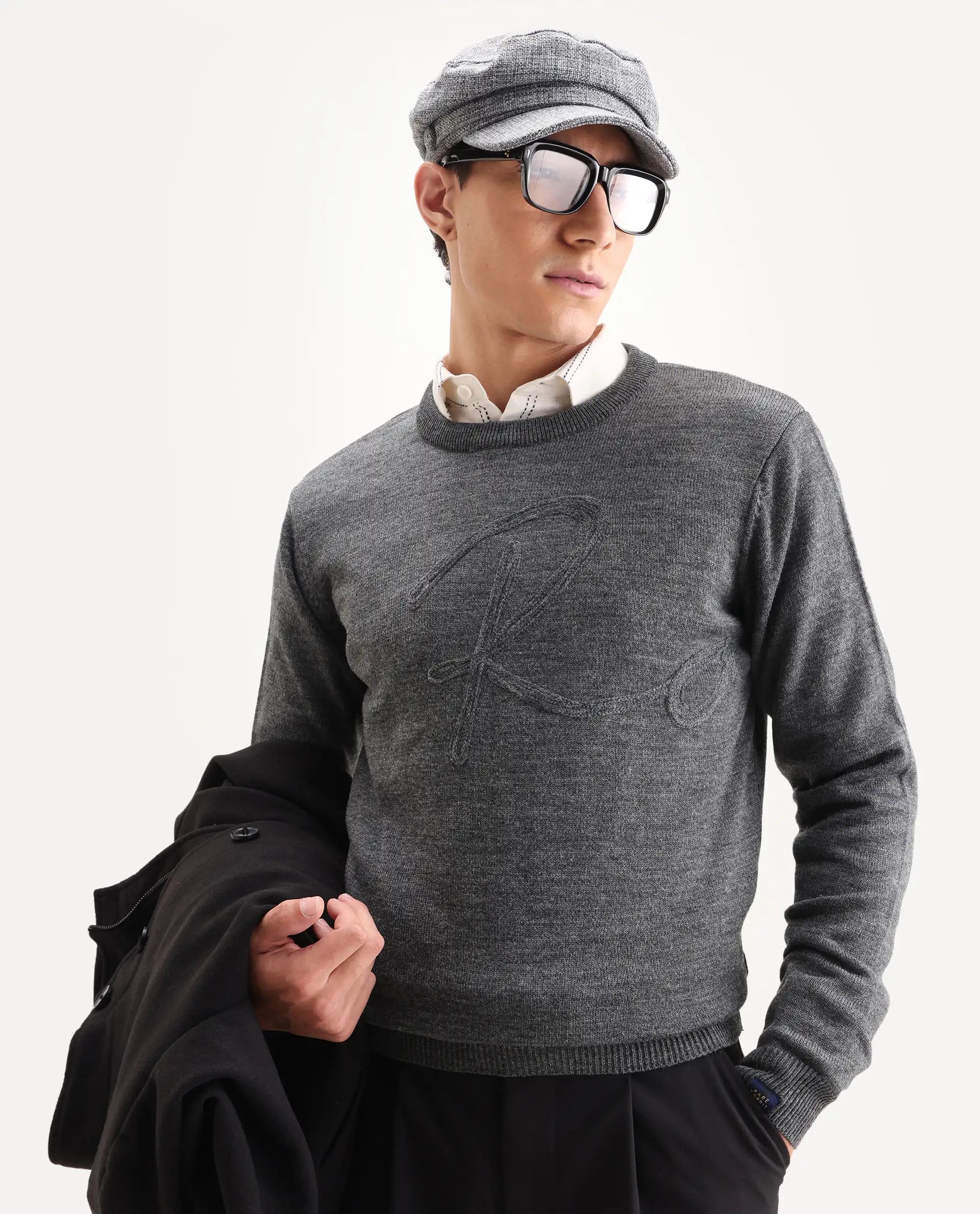Rare Rabbit Men's Saturno Dusky Grey Acrylic Embroidered Regular Fit Full Sleeve Crew Neck Sweater