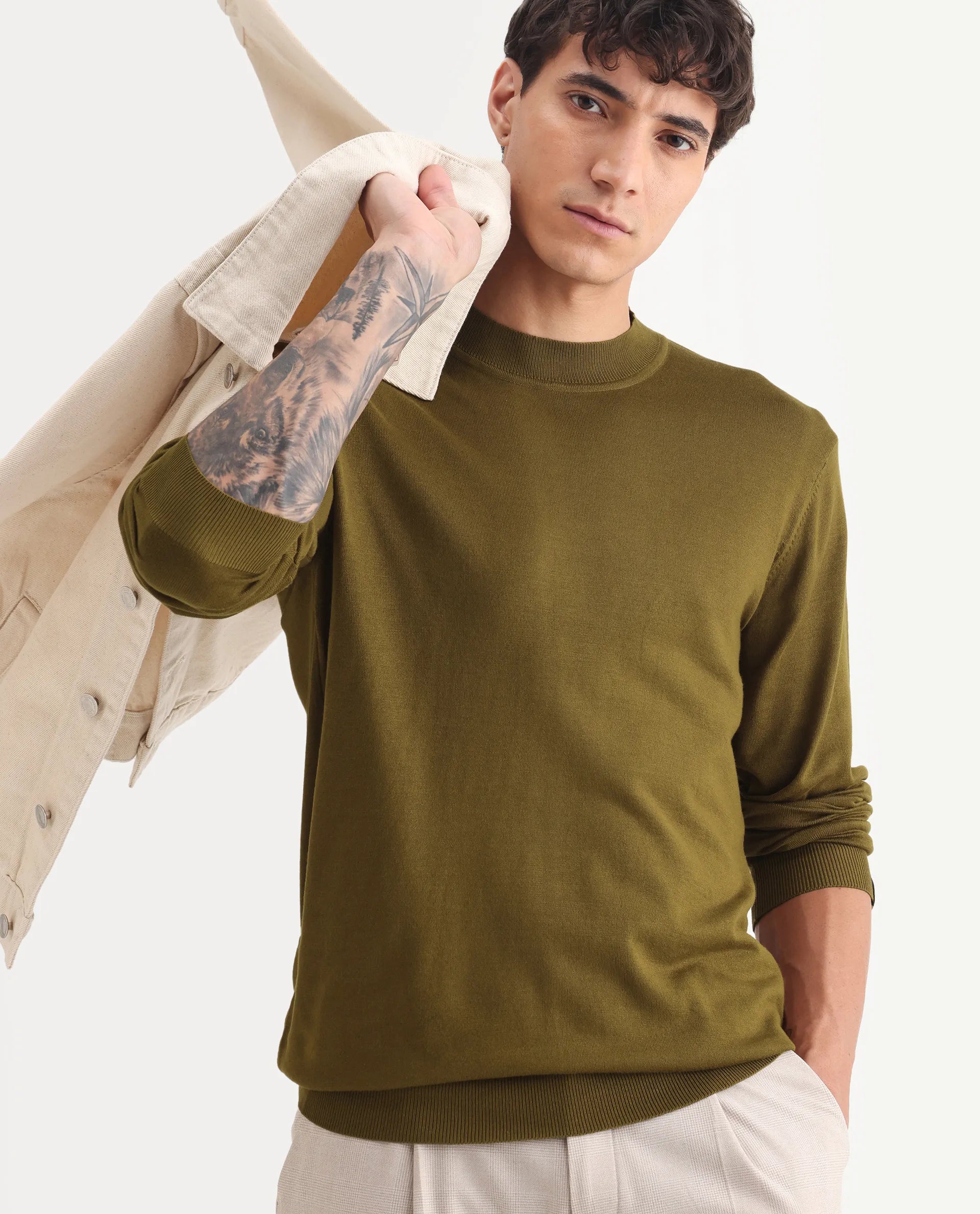 Rare Rabbit Men's Alfot Olive Viscose Plain Regular Fit Full Sleeve High Neck Sweater