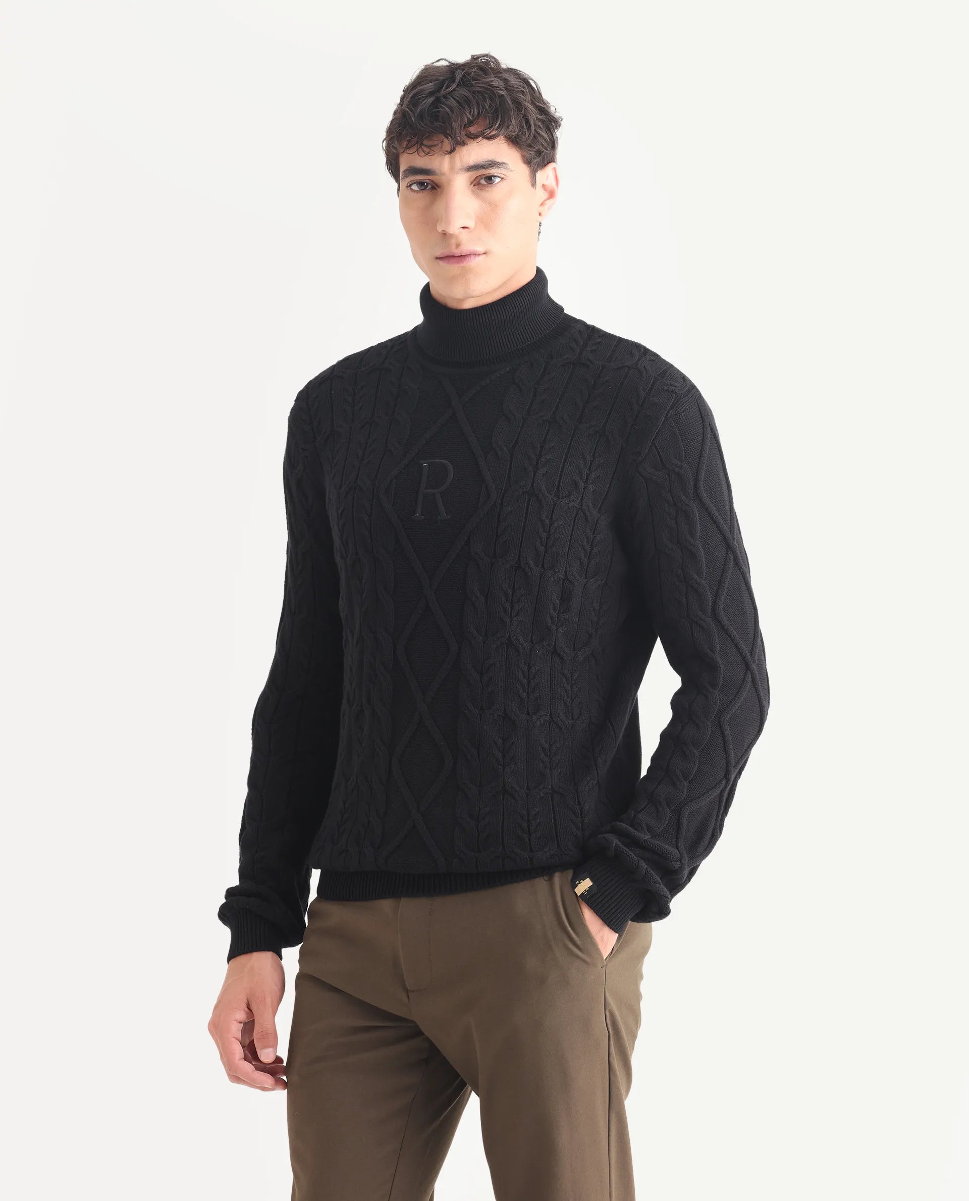 Rare Rabbit Men's Cong-1 Black Cotton Textured Regular Fit Full Sleeve High Neck Sweater