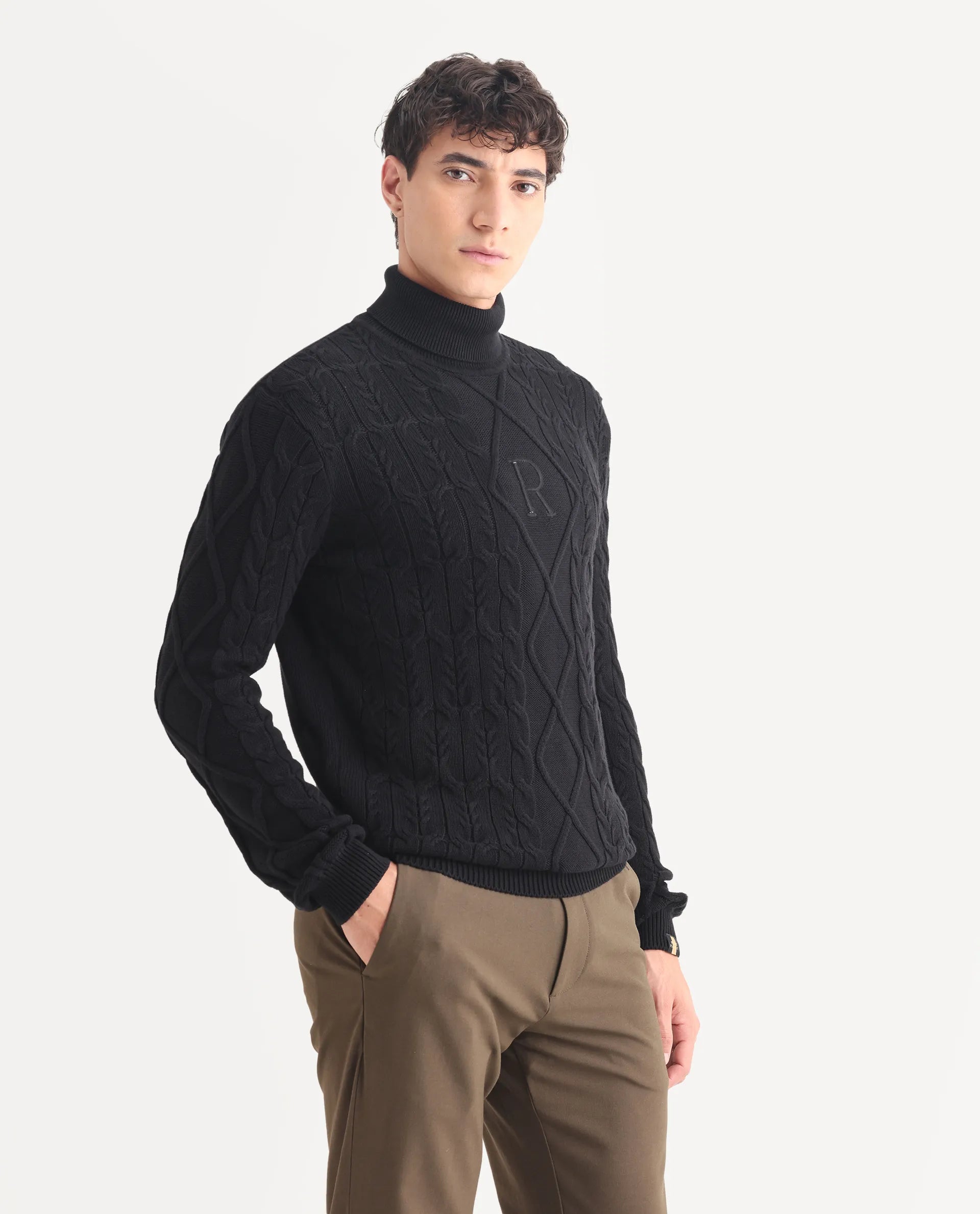 Rare Rabbit Men's Cong-1 Black Cotton Textured Regular Fit Full Sleeve High Neck Sweater