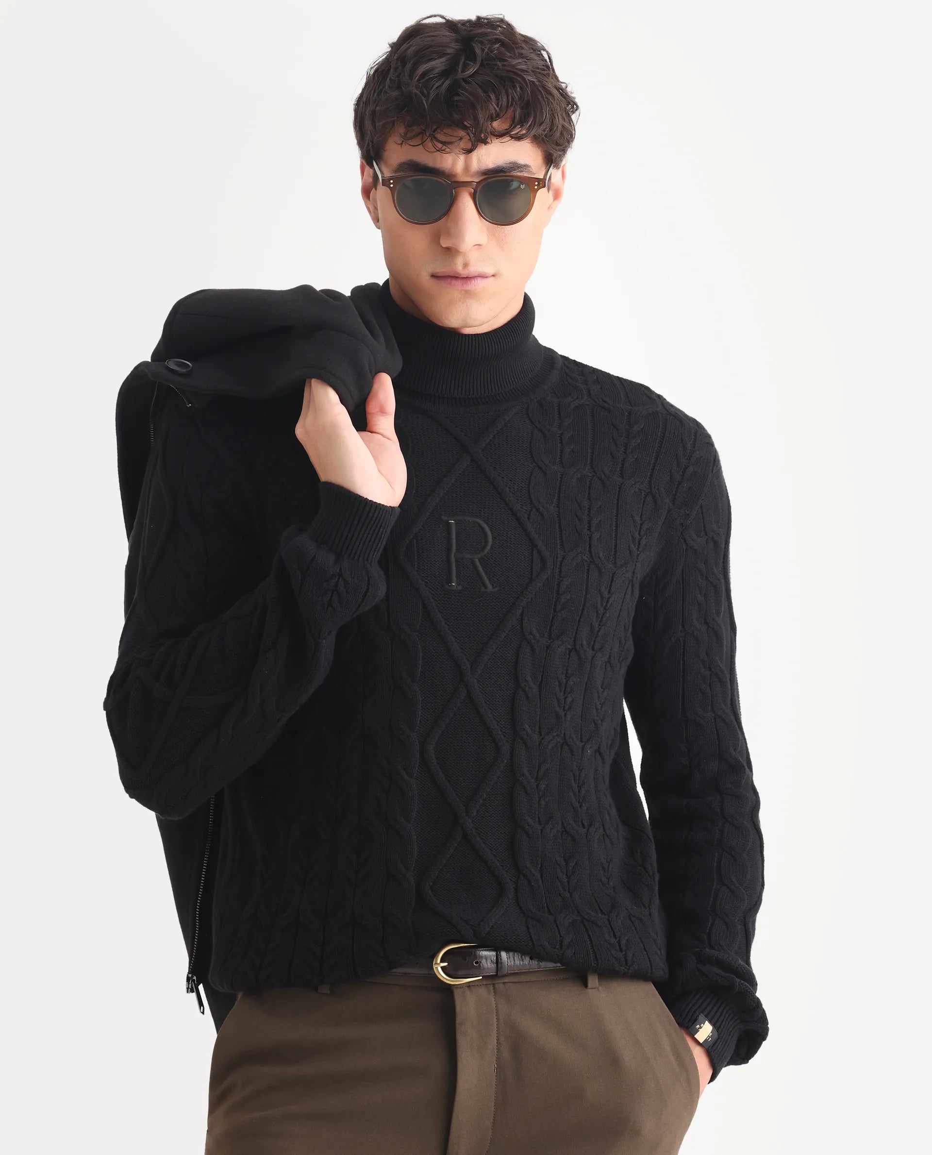 Rare Rabbit Men's Cong-1 Black Cotton Textured Regular Fit Full Sleeve High Neck Sweater