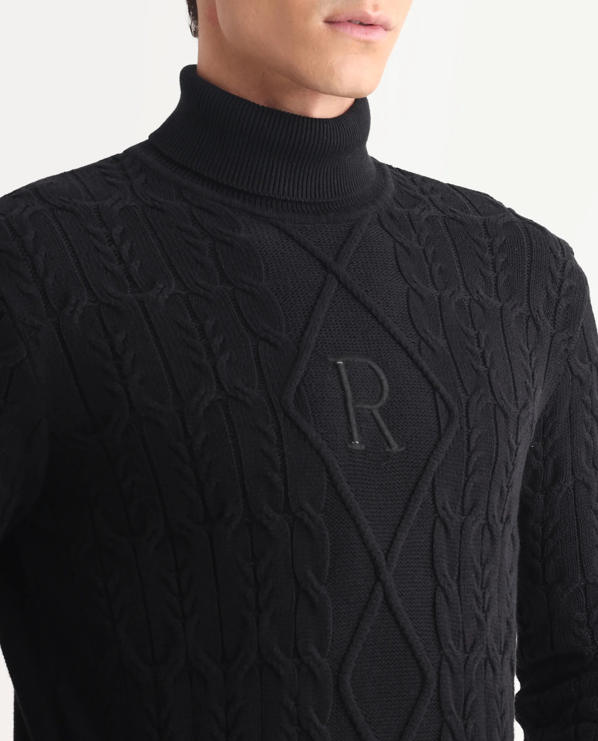 Rare Rabbit Men's Cong-1 Black Cotton Textured Regular Fit Full Sleeve High Neck Sweater