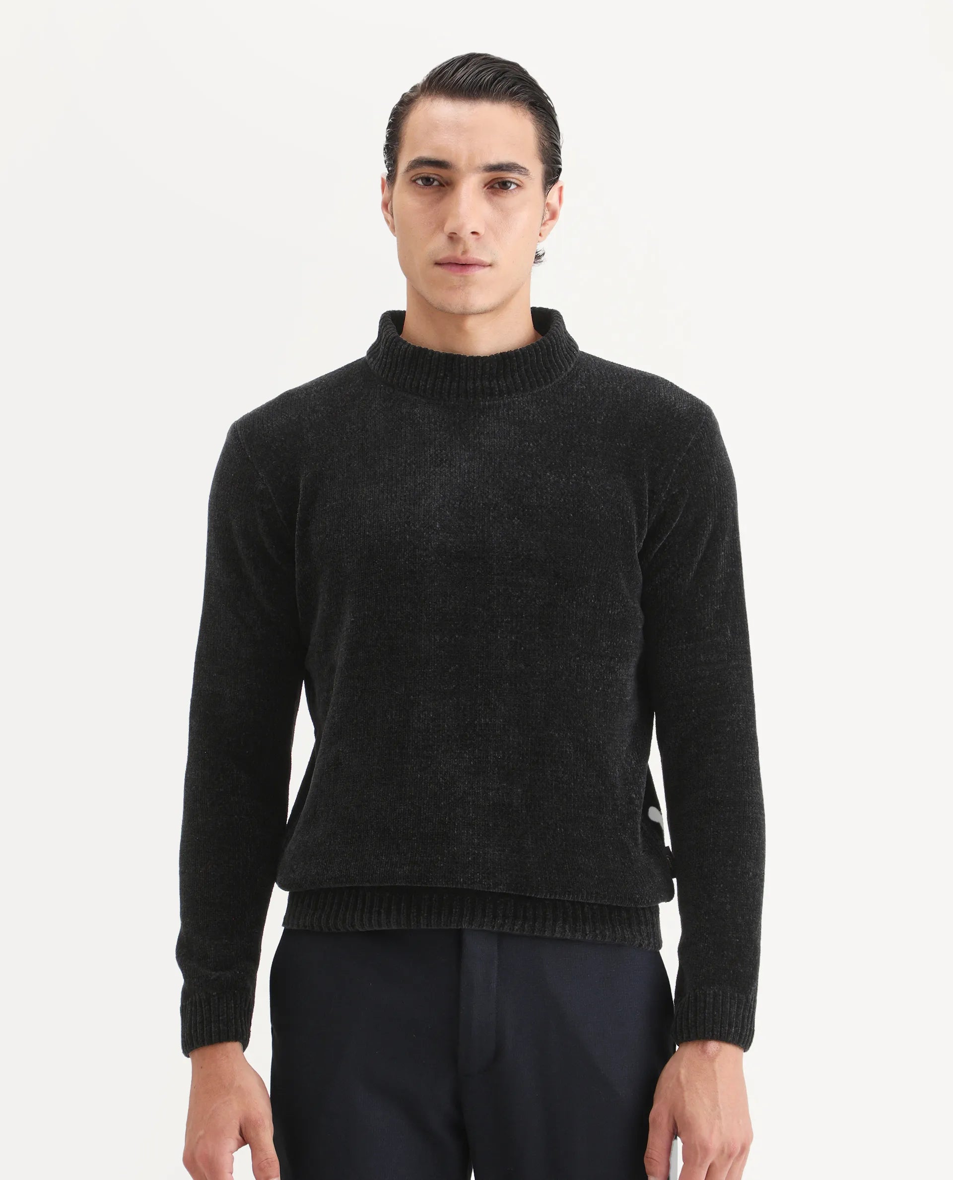 Rare Rabbit Men's Chens Black Chenille Textured Regular Fit Full Sleeve Crew Neck Sweater