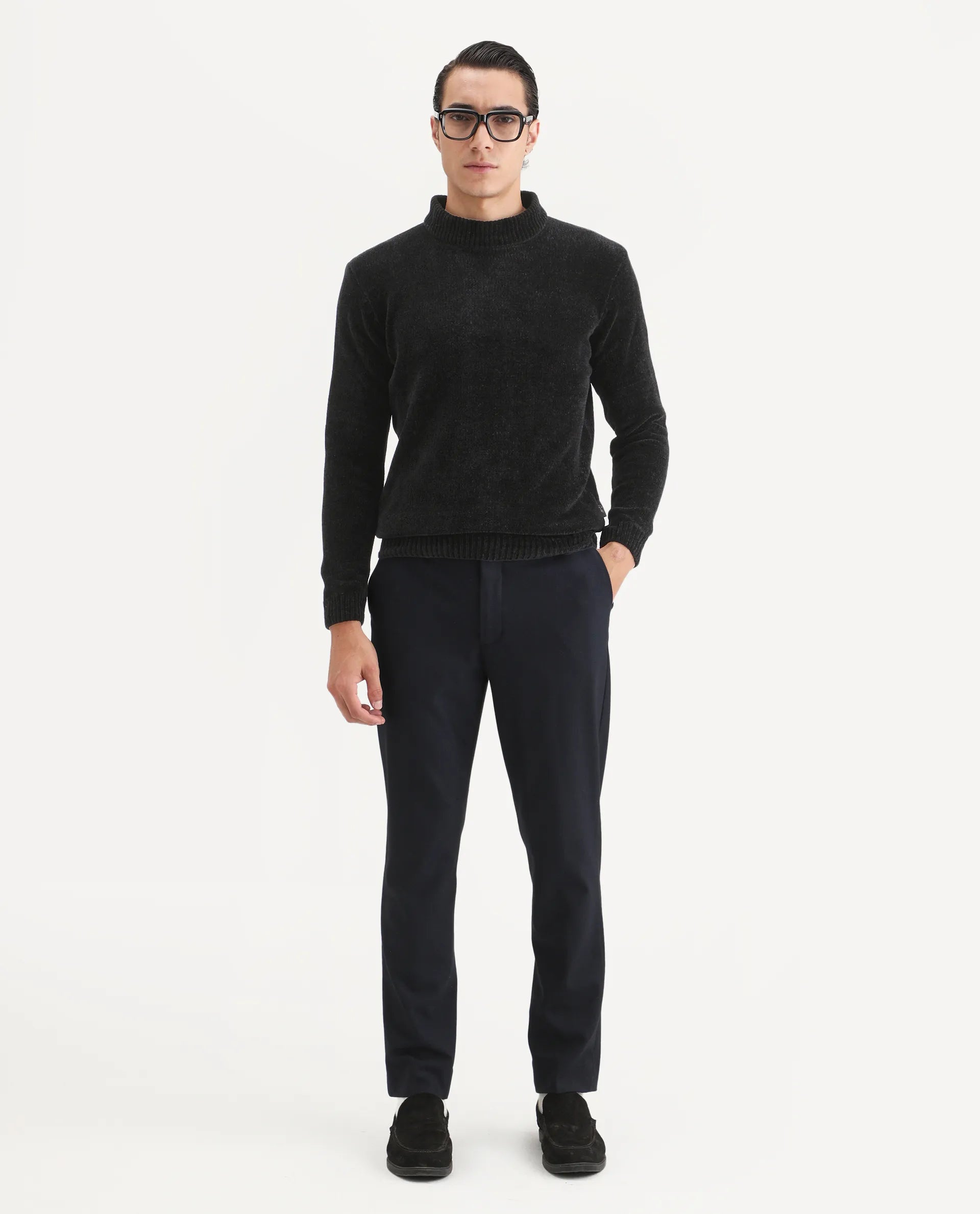 Rare Rabbit Men's Chens Black Chenille Textured Regular Fit Full Sleeve Crew Neck Sweater