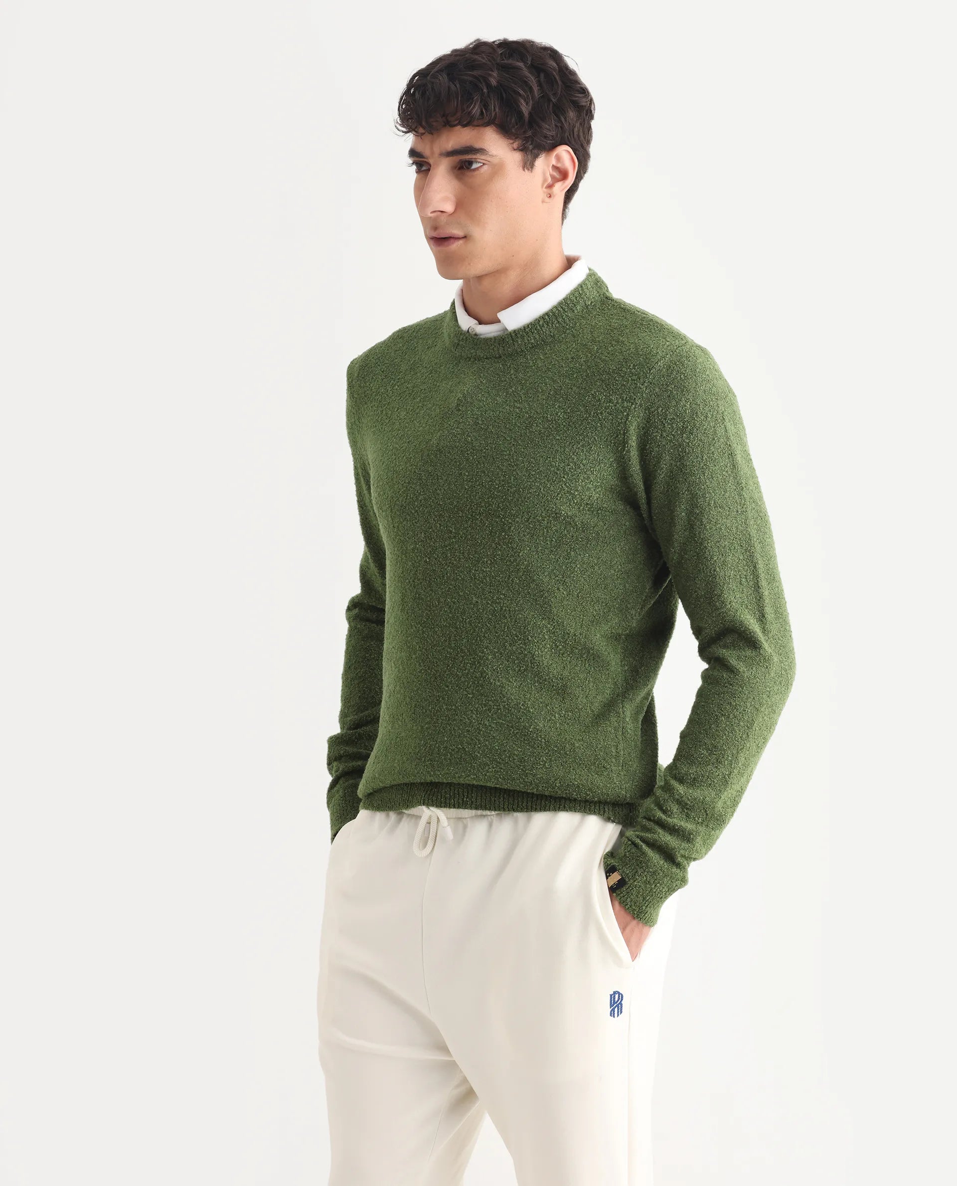 Rare Rabbit Men's Boule Green Polyester Blend Plain Regular Fit Full Sleeve Crew Neck Sweater