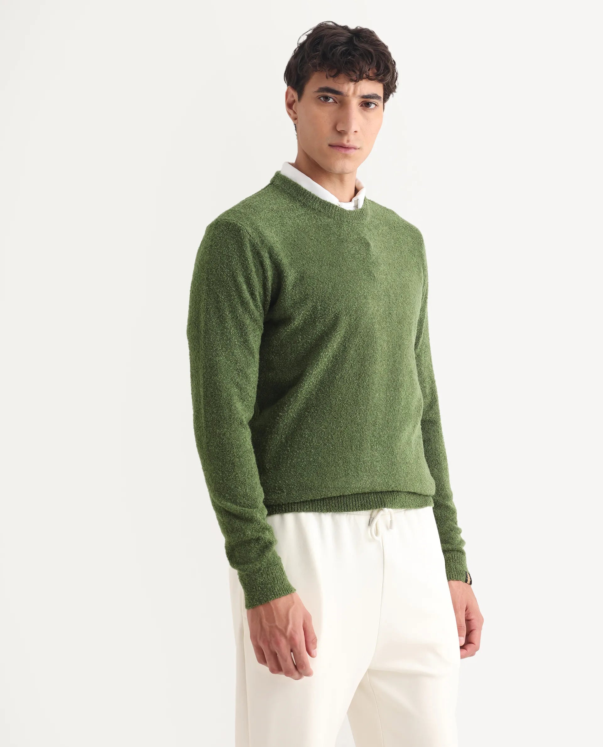 Rare Rabbit Men's Boule Green Polyester Blend Plain Regular Fit Full Sleeve Crew Neck Sweater