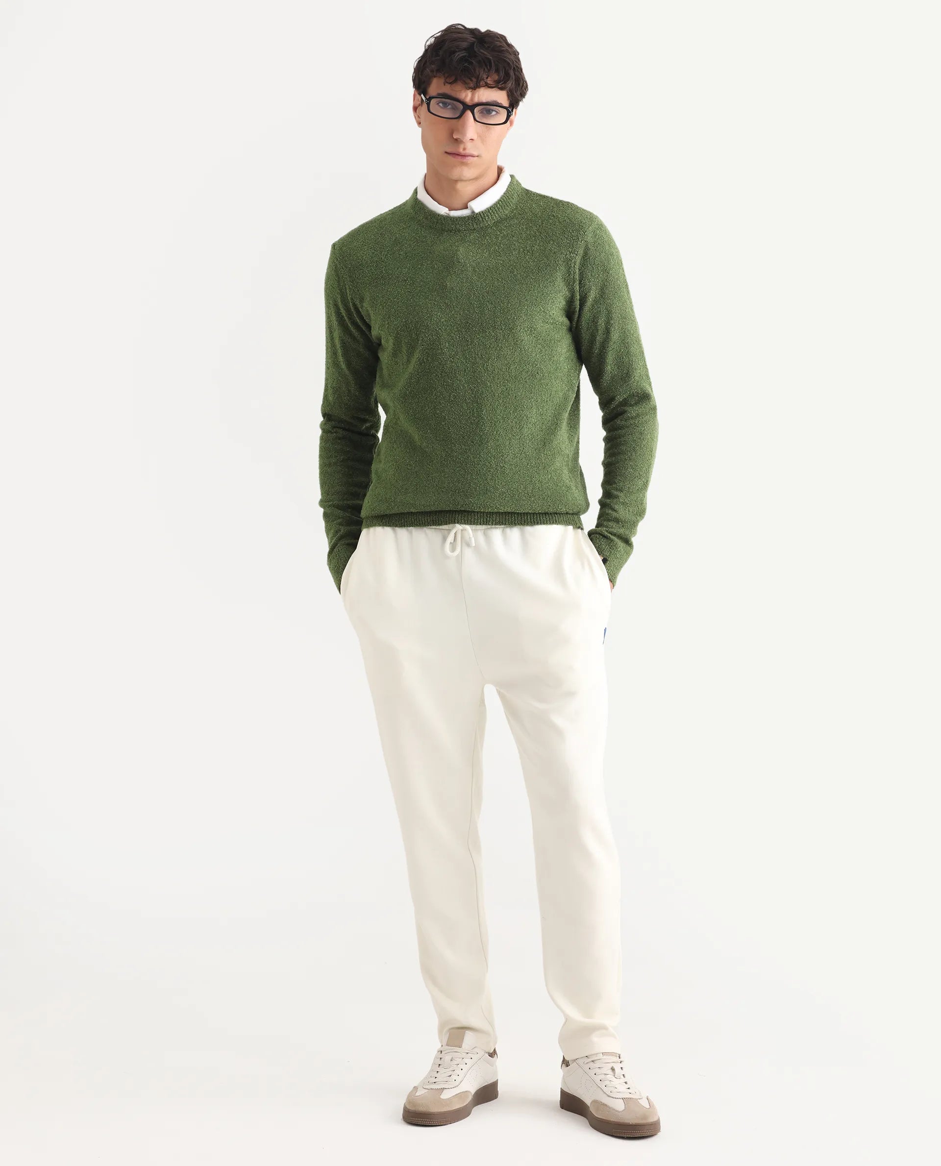 Rare Rabbit Men's Boule Green Polyester Blend Plain Regular Fit Full Sleeve Crew Neck Sweater