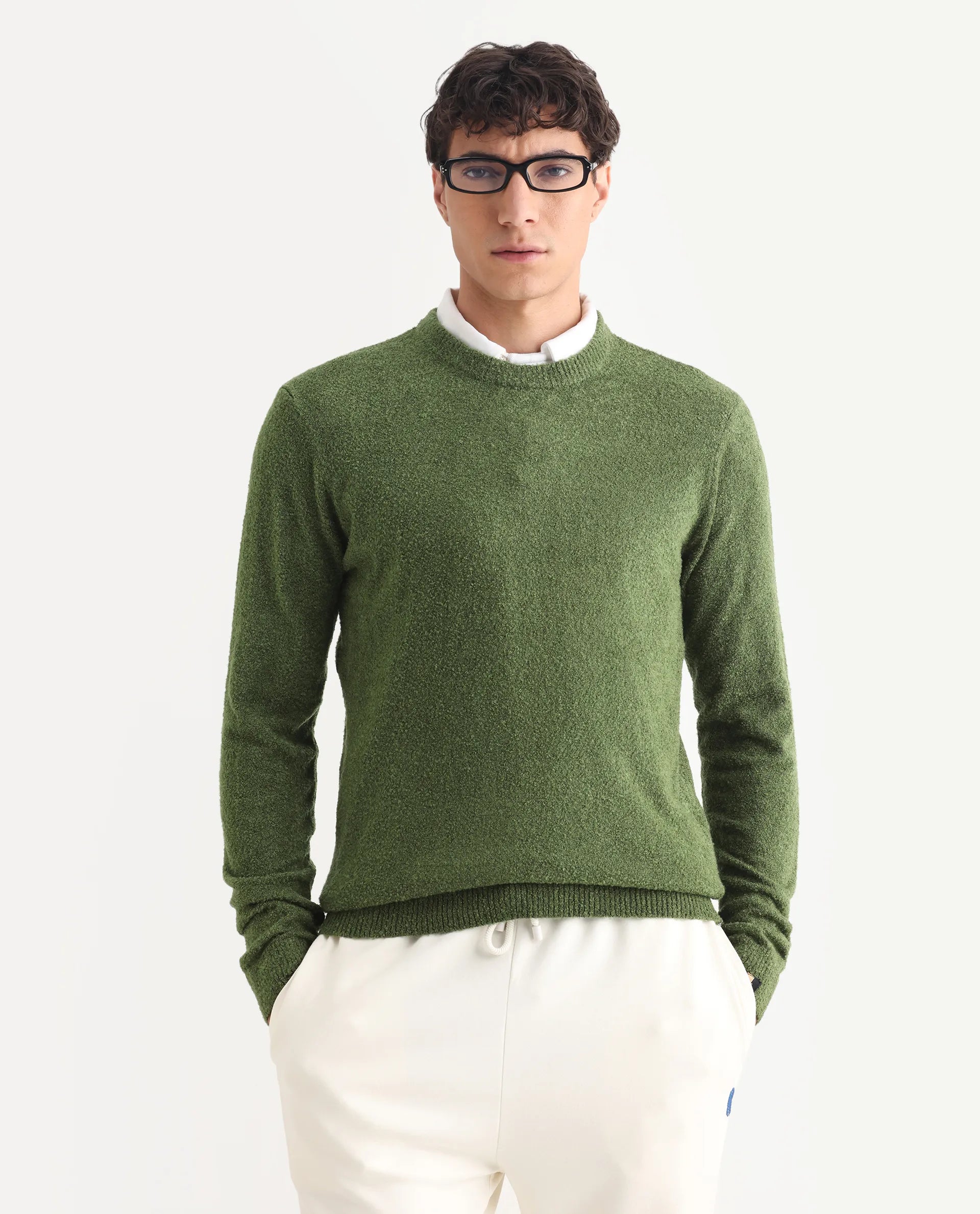 Rare Rabbit Men's Boule Green Polyester Blend Plain Regular Fit Full Sleeve Crew Neck Sweater