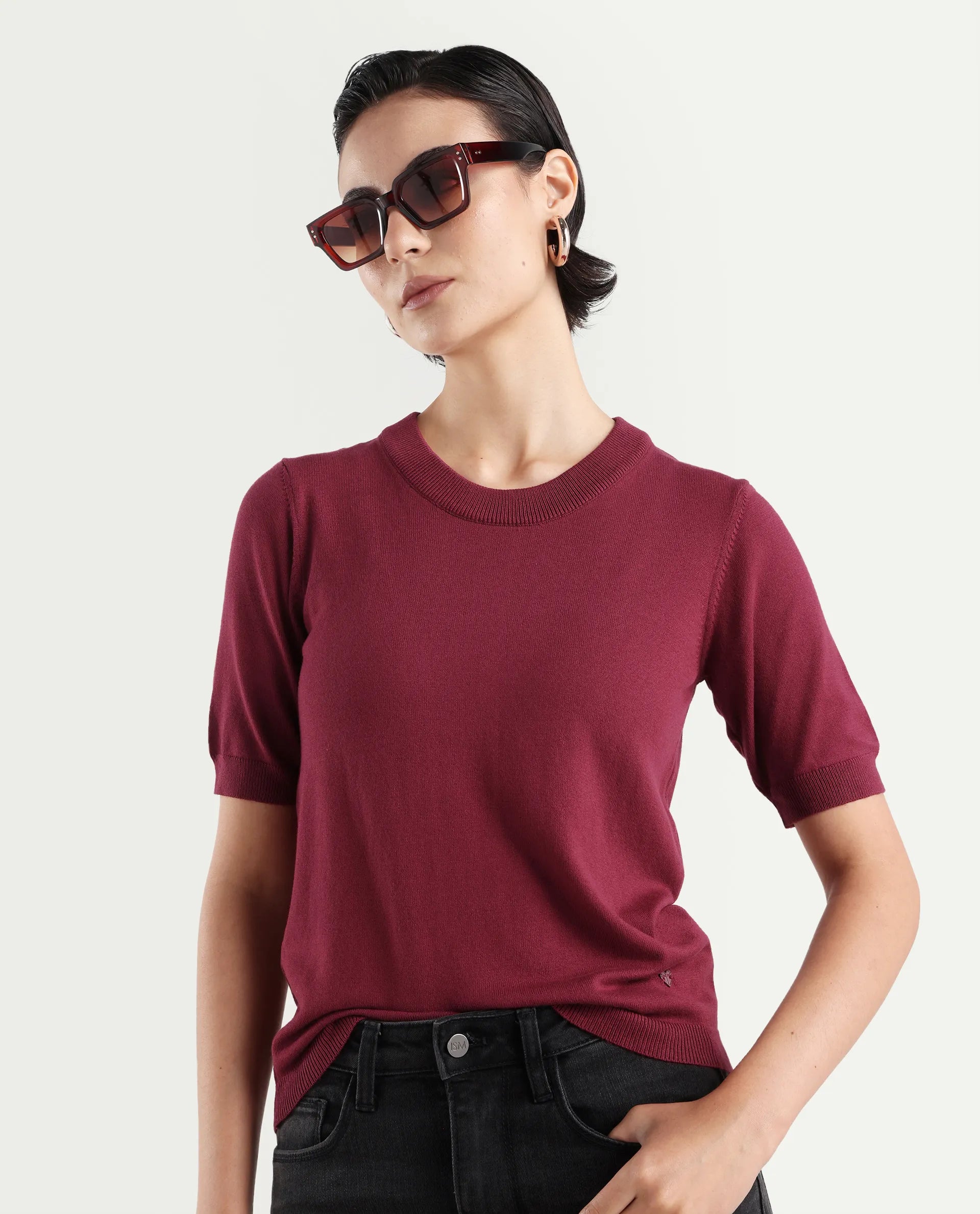 Rareism Women's Rohrdo Purple Cotton Blend Crew Neck Plain Regular Fit Sweater