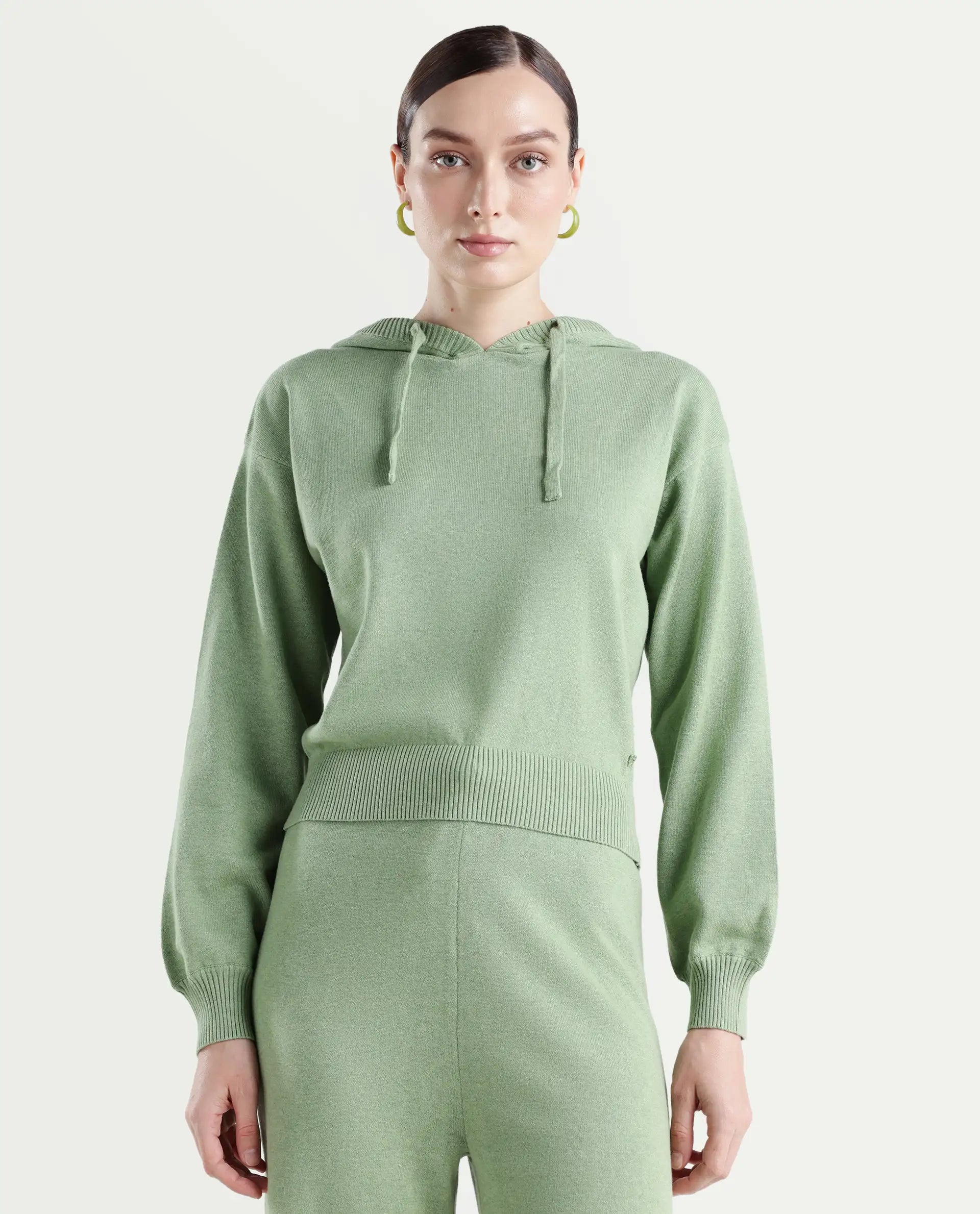 Rareism Women's Finnet T Dusky Green Knit Hooded Plain Relaxed Fit Sweater