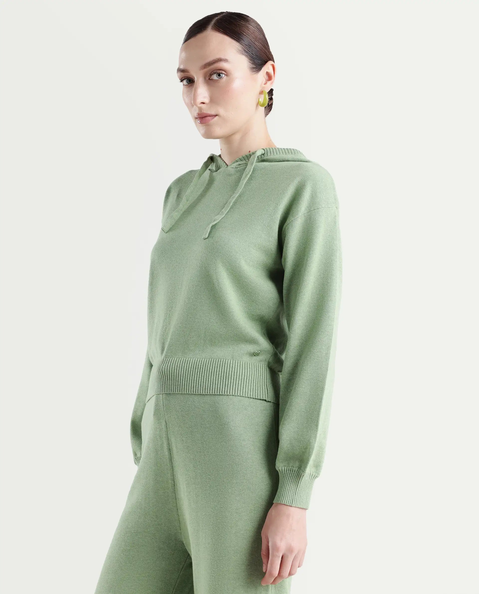 Rareism Women's Finnet T Dusky Green Knit Hooded Plain Relaxed Fit Sweater