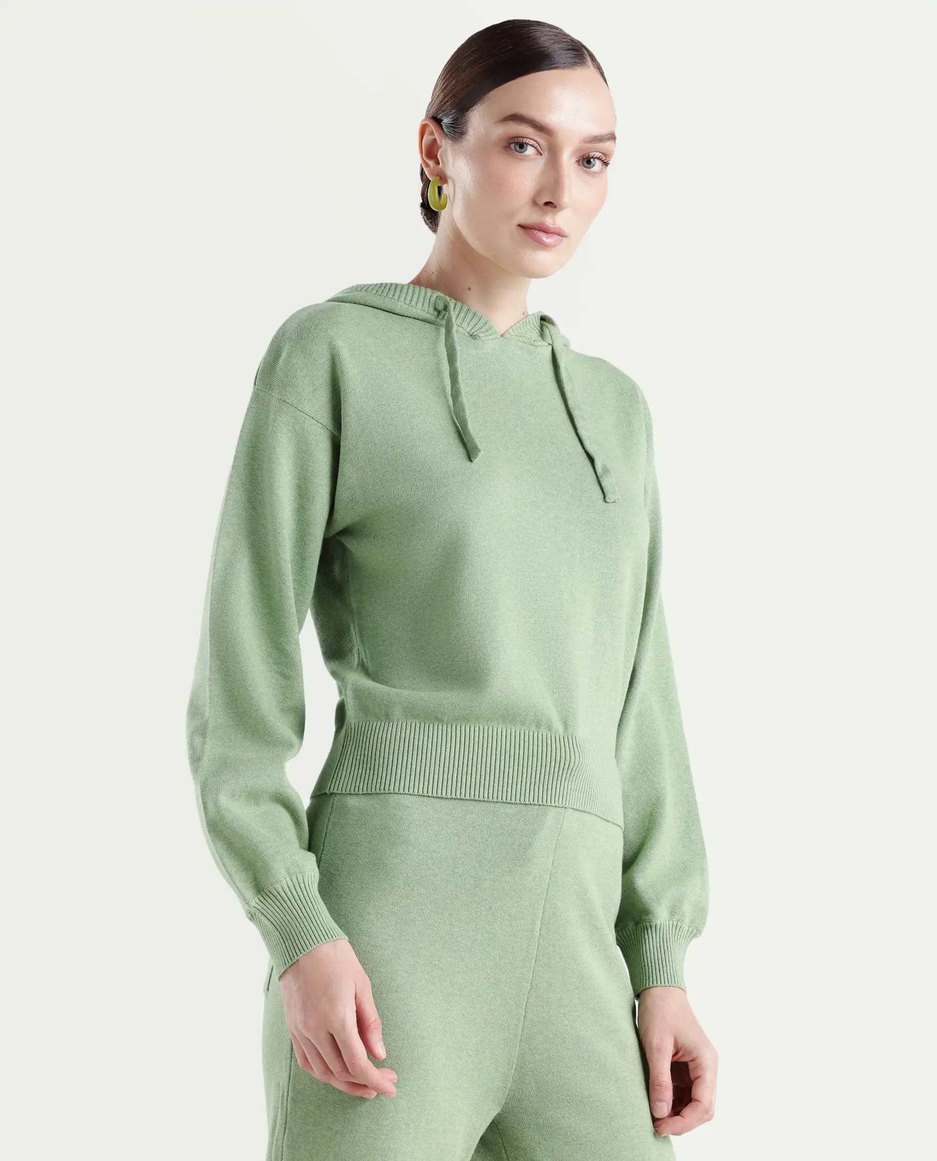 Rareism Women's Finnet T Dusky Green Knit Hooded Plain Relaxed Fit Sweater