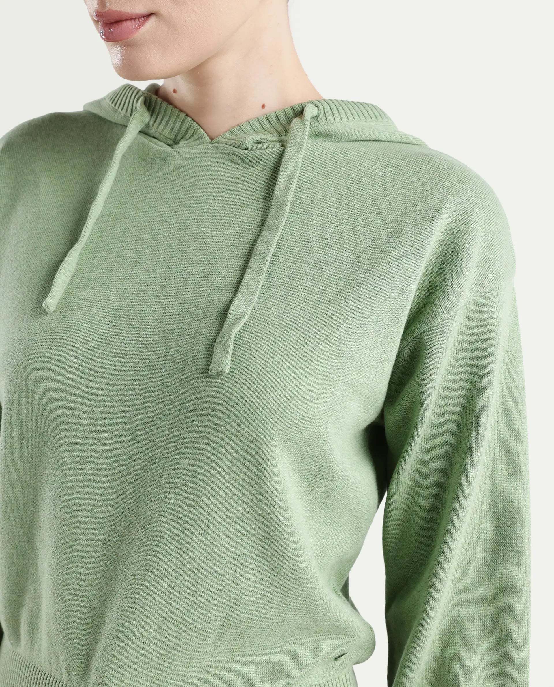 Rareism Women's Finnet T Dusky Green Knit Hooded Plain Relaxed Fit Sweater
