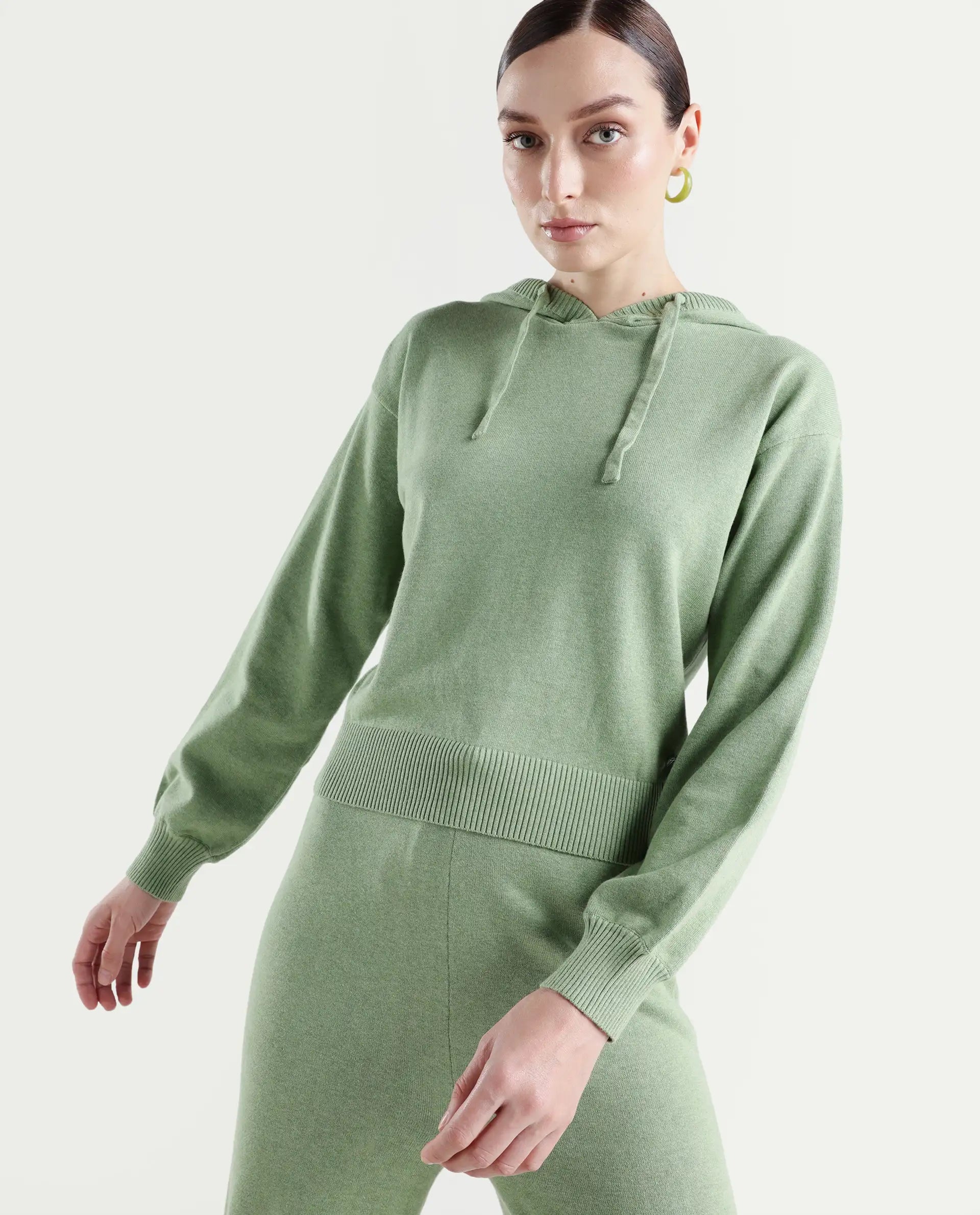 Rareism Women's Finnet T Dusky Green Knit Hooded Plain Relaxed Fit Sweater