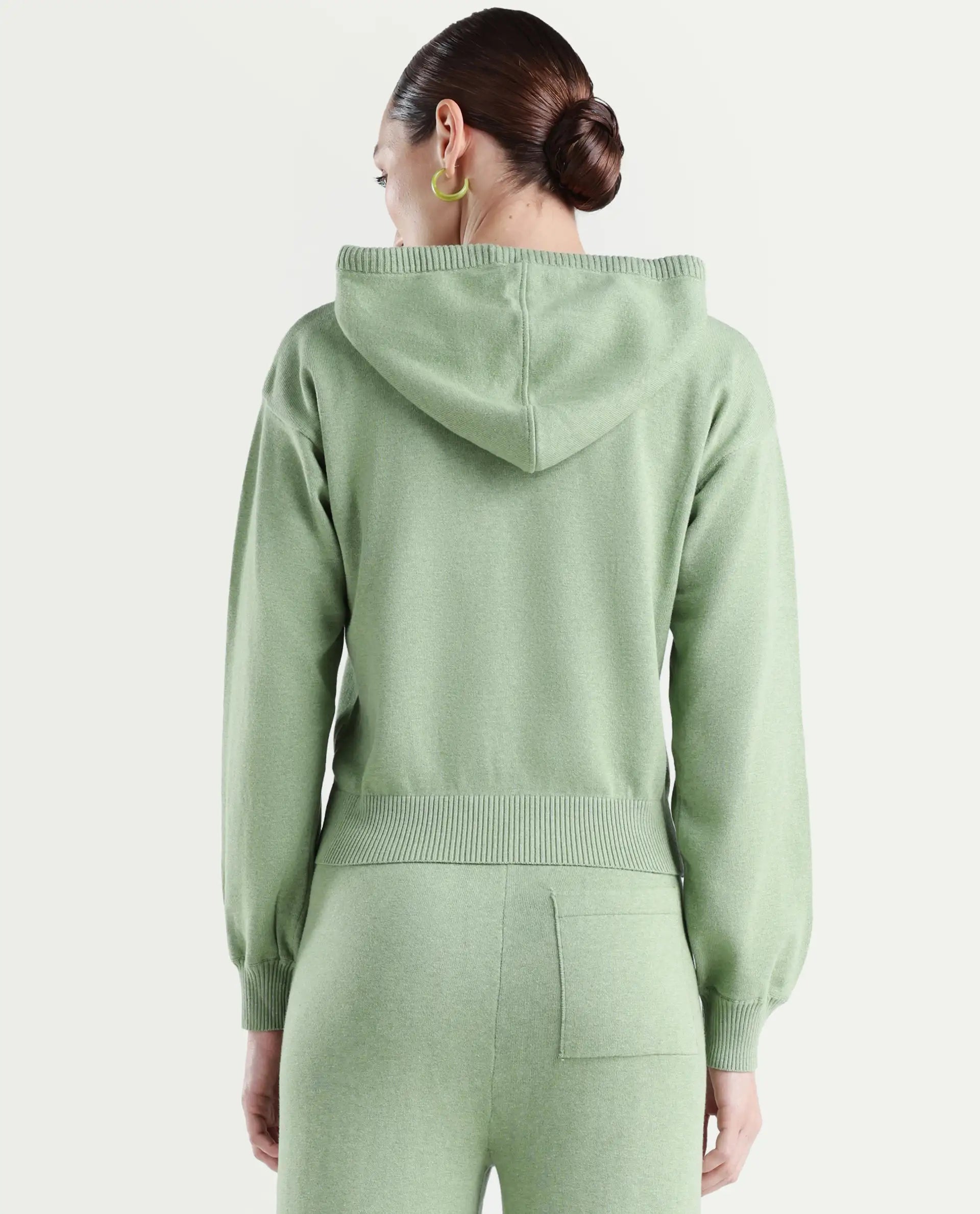 Rareism Women's Finnet T Dusky Green Knit Hooded Plain Relaxed Fit Sweater