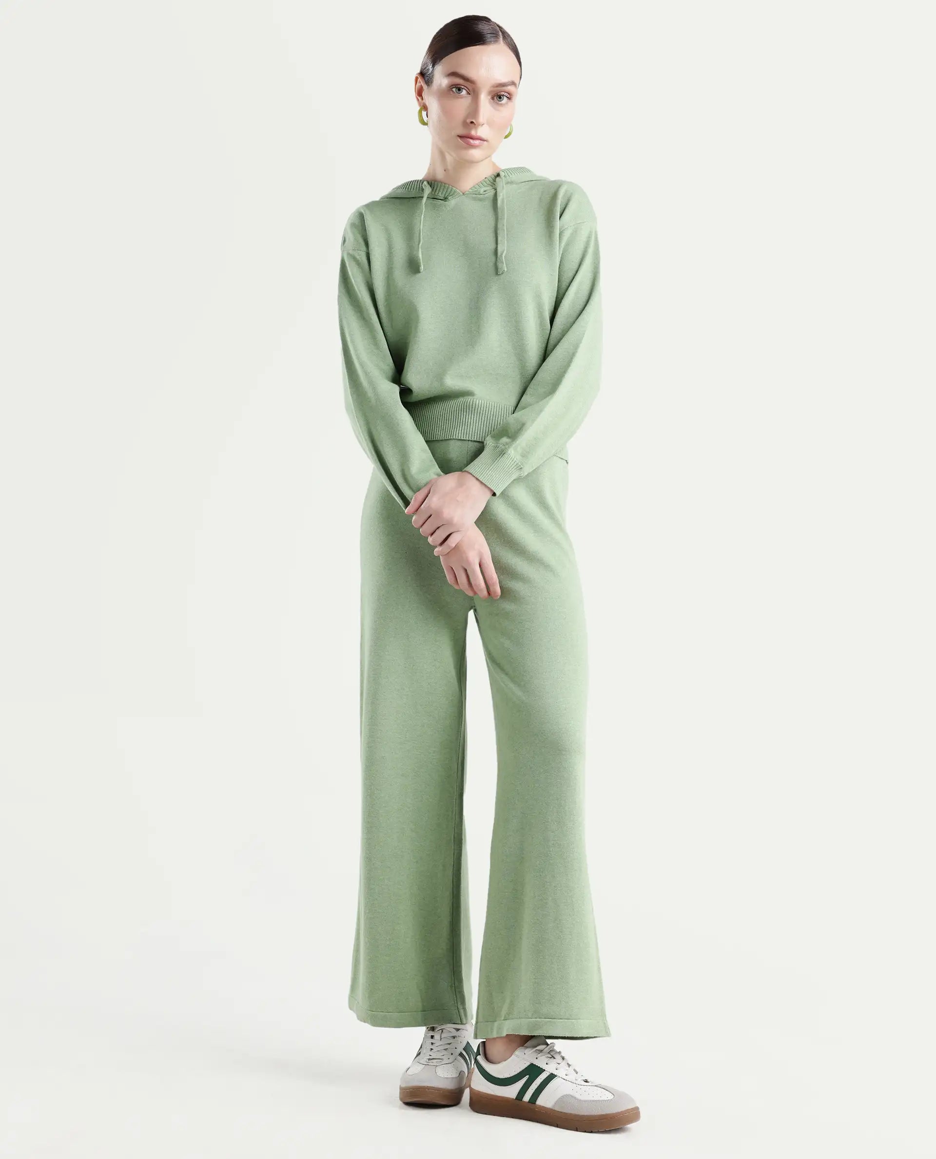 Rareism Women's Finnet T Dusky Green Knit Hooded Plain Relaxed Fit Sweater