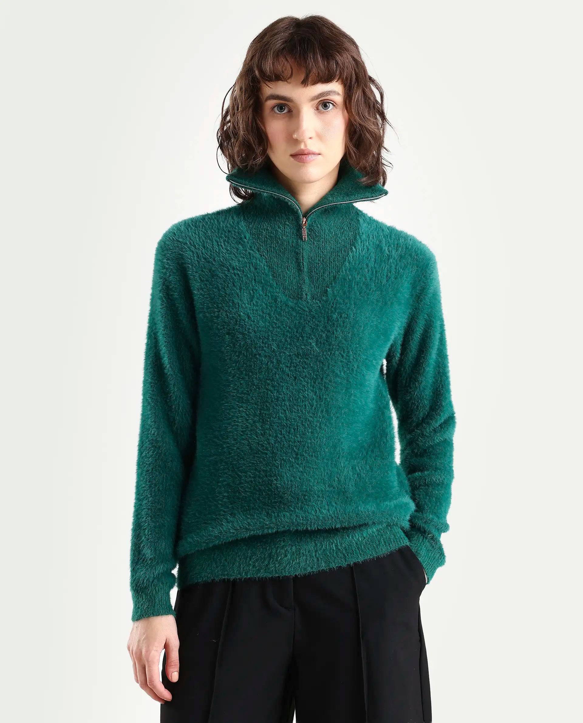 Rareism Women's Asser Green Polyester Blend High Neck Plain Relaxed Fit Sweater