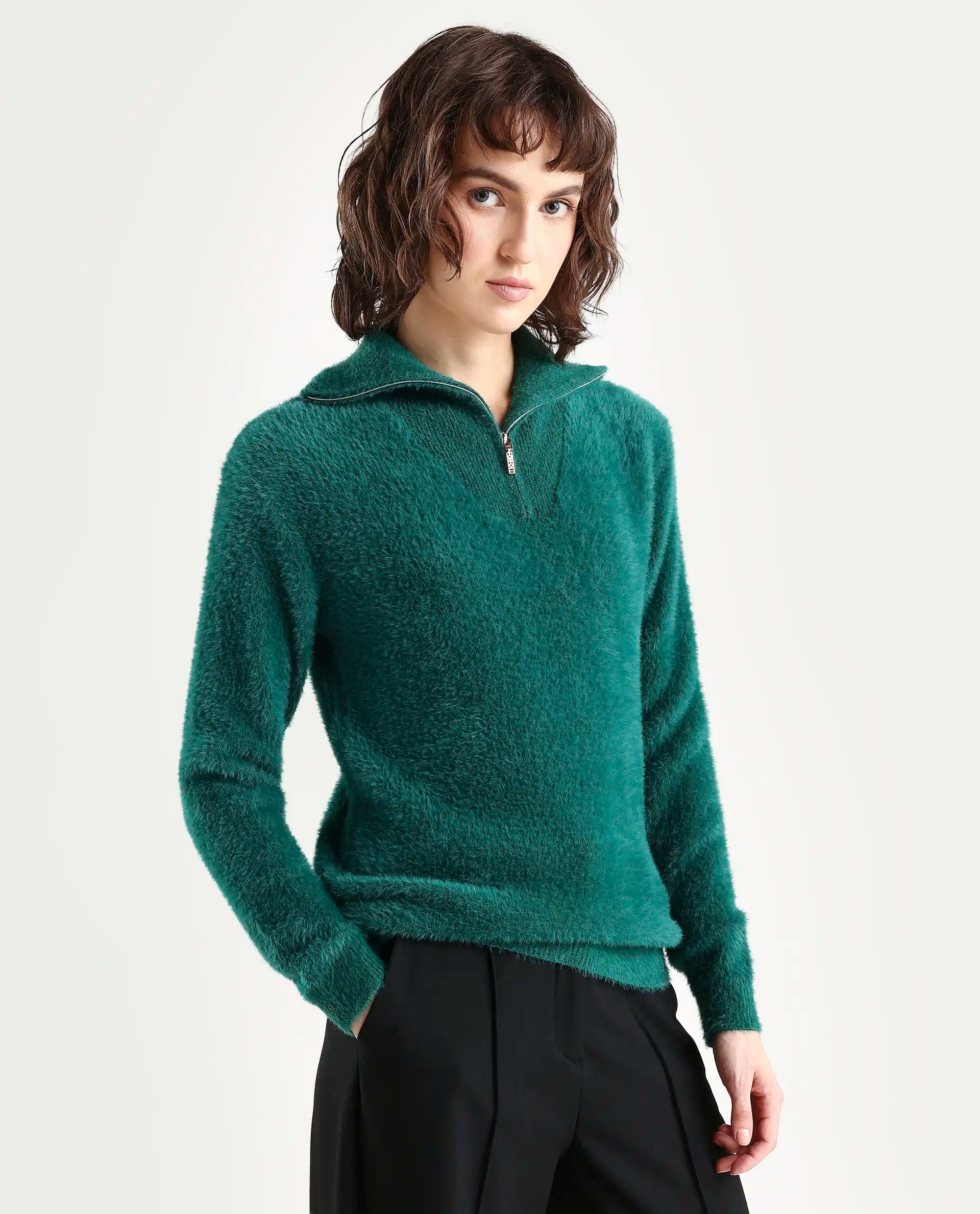 Rareism Women's Asser Green Polyester Blend High Neck Plain Relaxed Fit Sweater