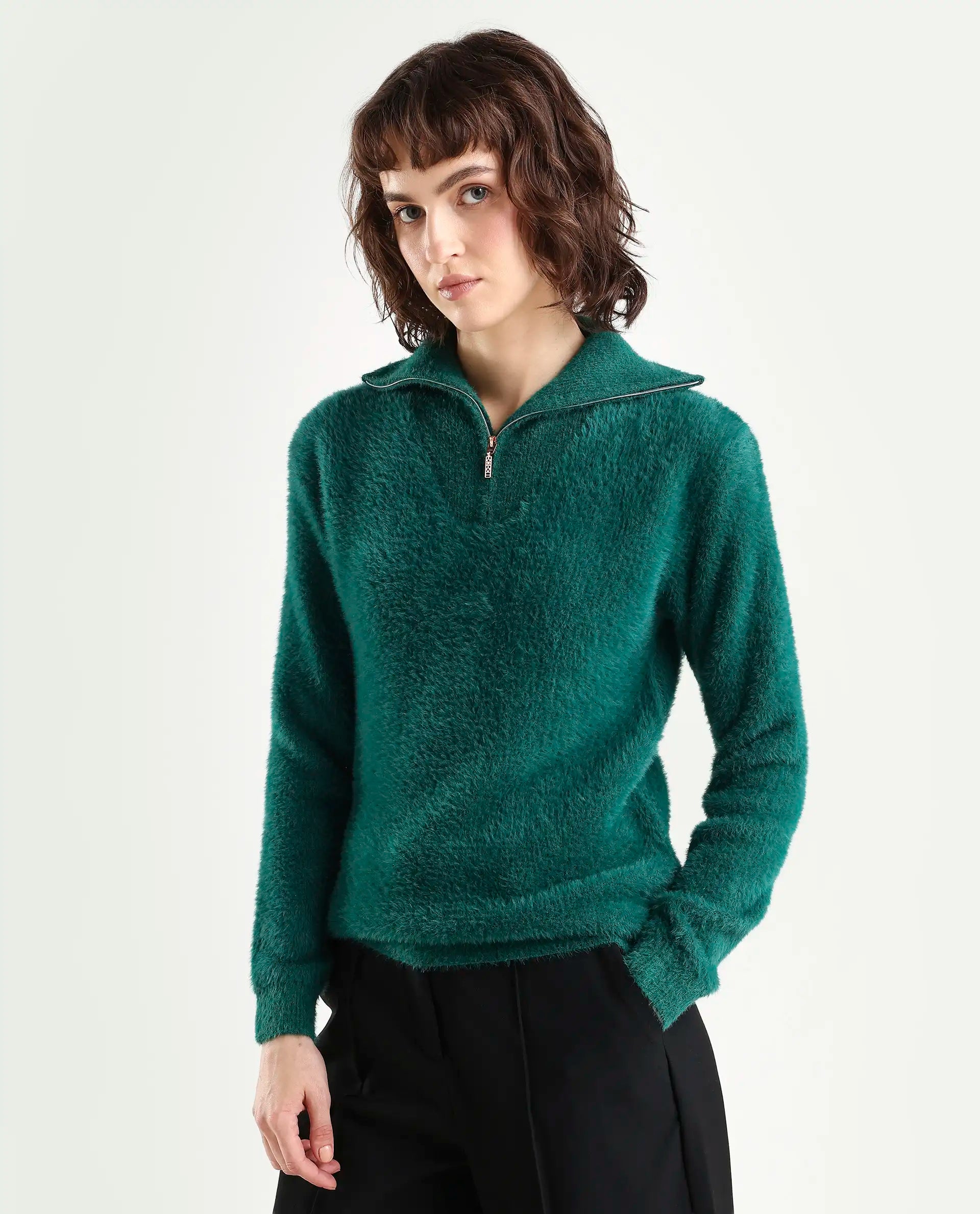 Rareism Women's Asser Green Polyester Blend High Neck Plain Relaxed Fit Sweater