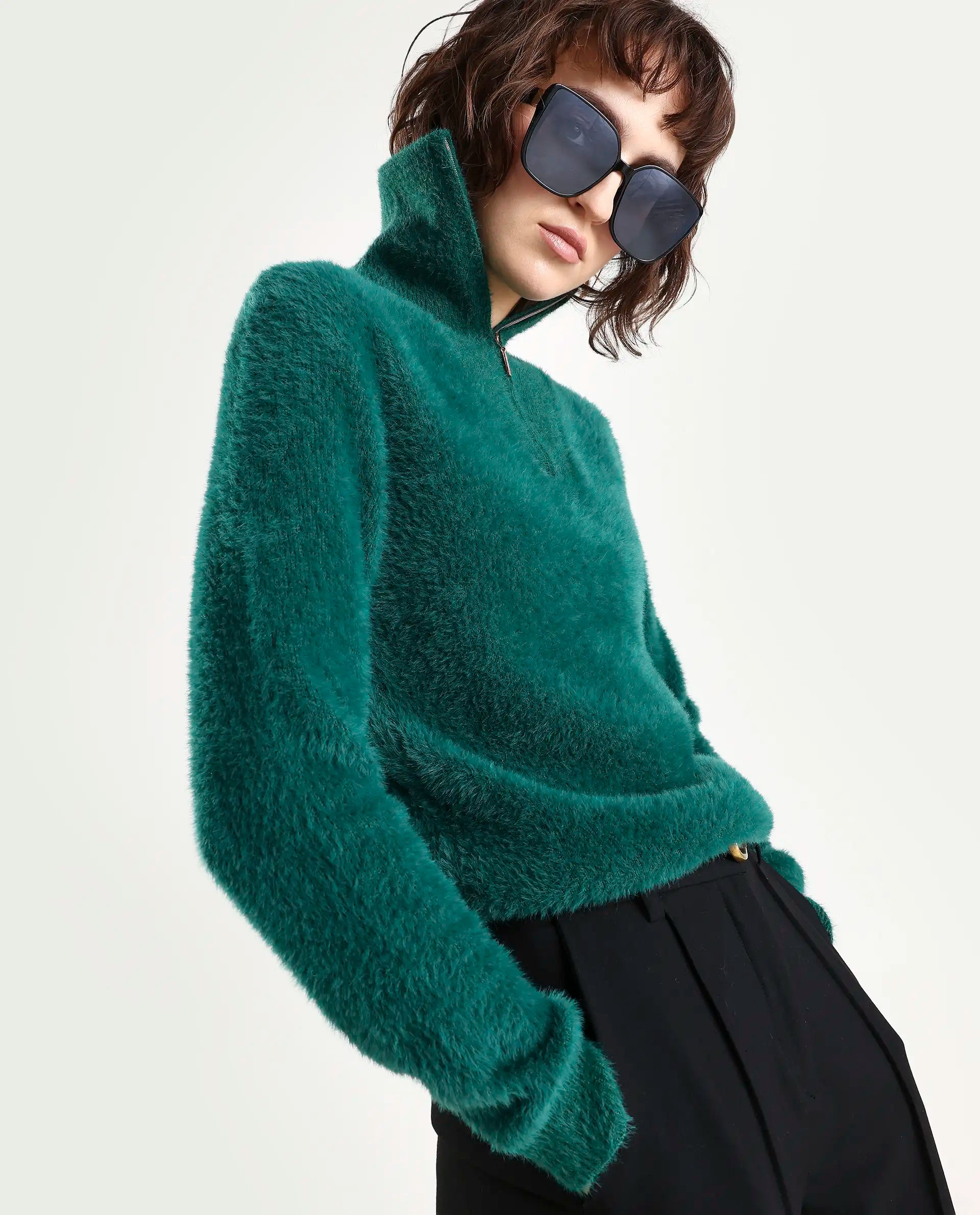 Rareism Women's Asser Green Polyester Blend High Neck Plain Relaxed Fit Sweater