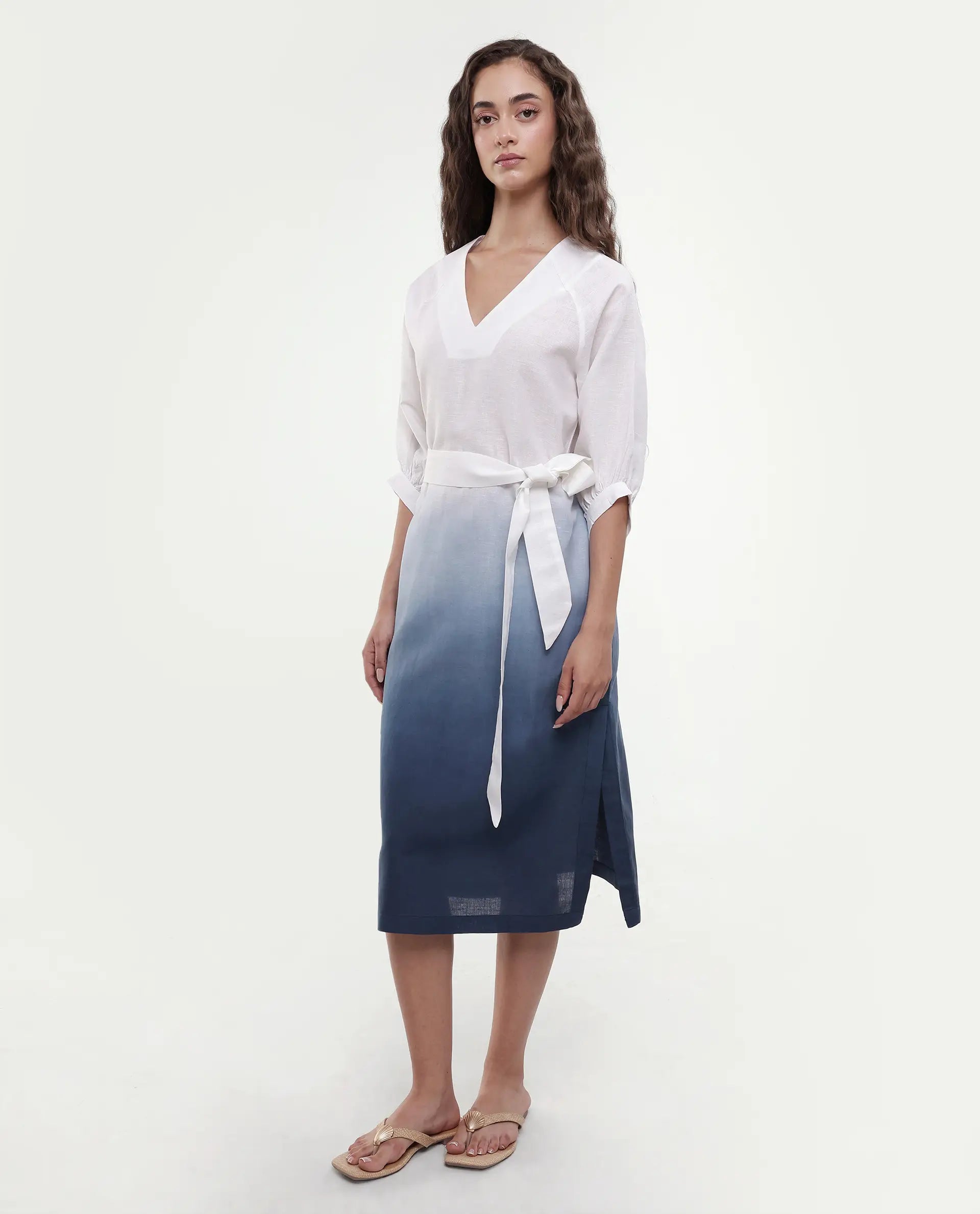 Rareism Women's Algan White Polyester Blend V-Neck Ombre Raglan Sleeve Midi Straight Fit Dress