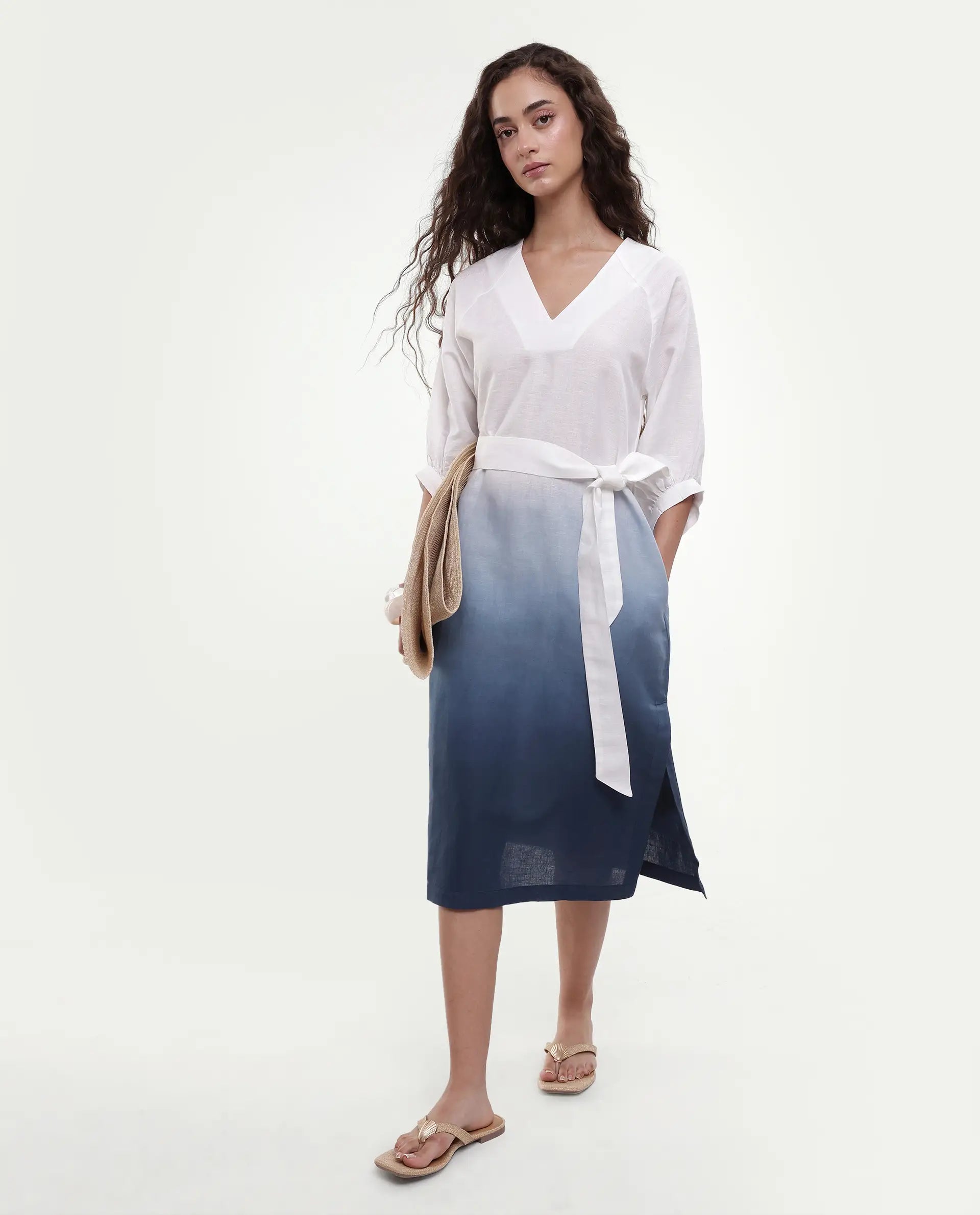 Rareism Women's Algan White Polyester Blend V-Neck Ombre Raglan Sleeve Midi Straight Fit Dress