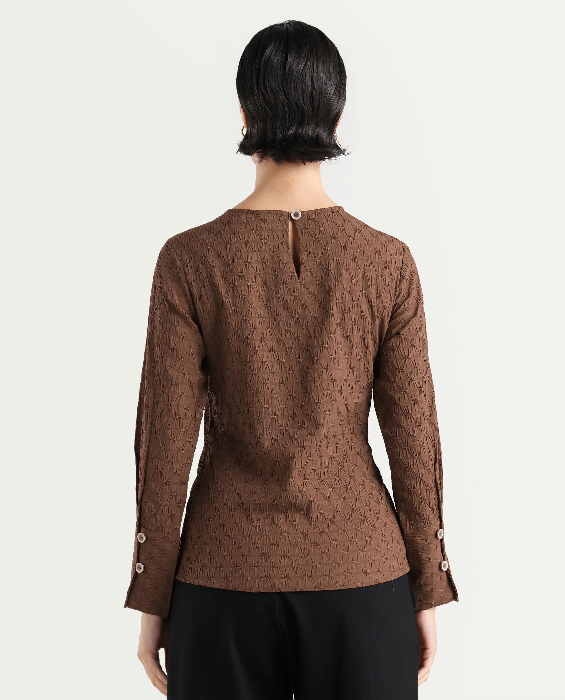 Rareism Women's Kiop Rust Polyester Crew Neck Plain Cuffed Sleeve Regular Fit Top