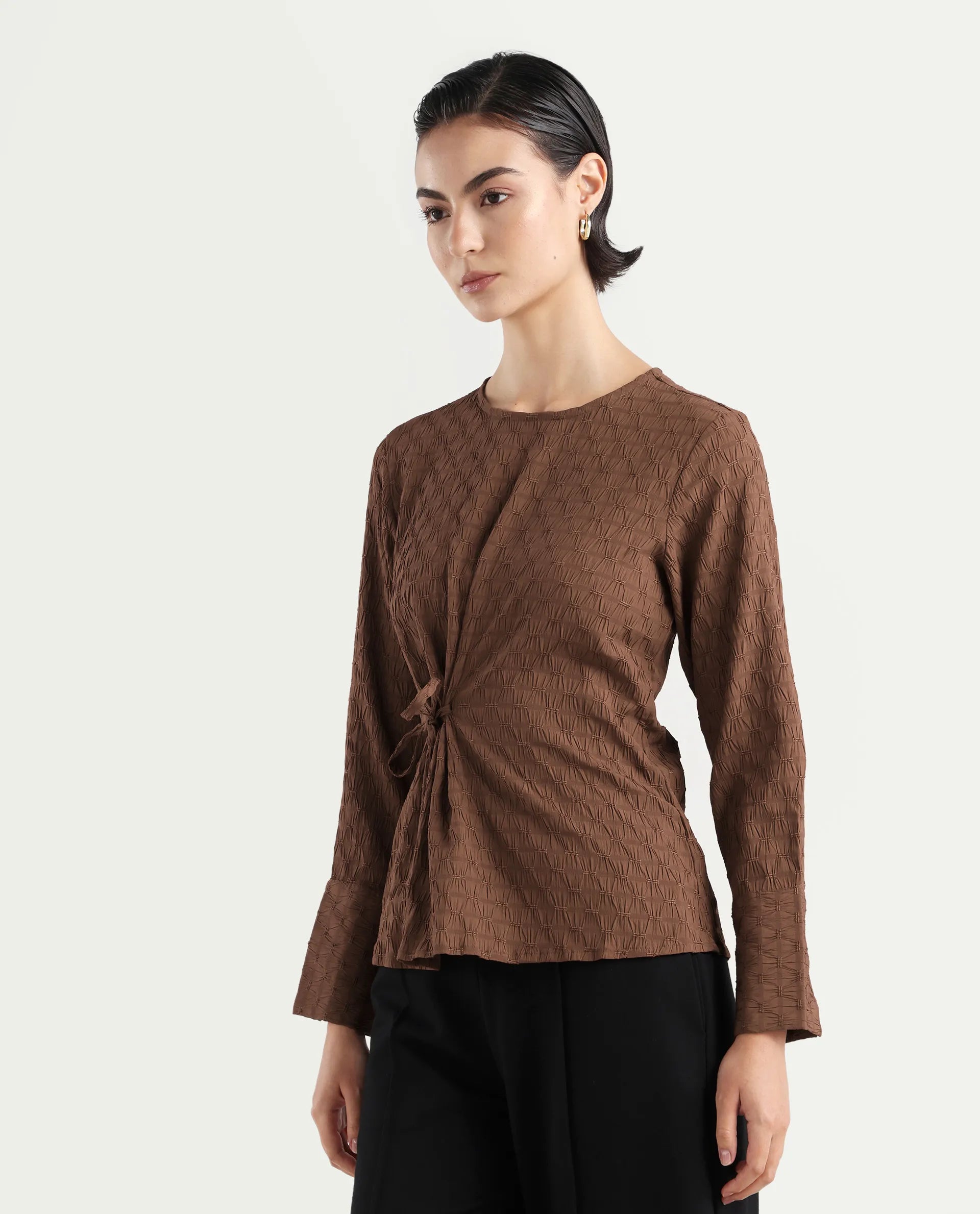Rareism Women's Kiop Rust Polyester Crew Neck Plain Cuffed Sleeve Regular Fit Top