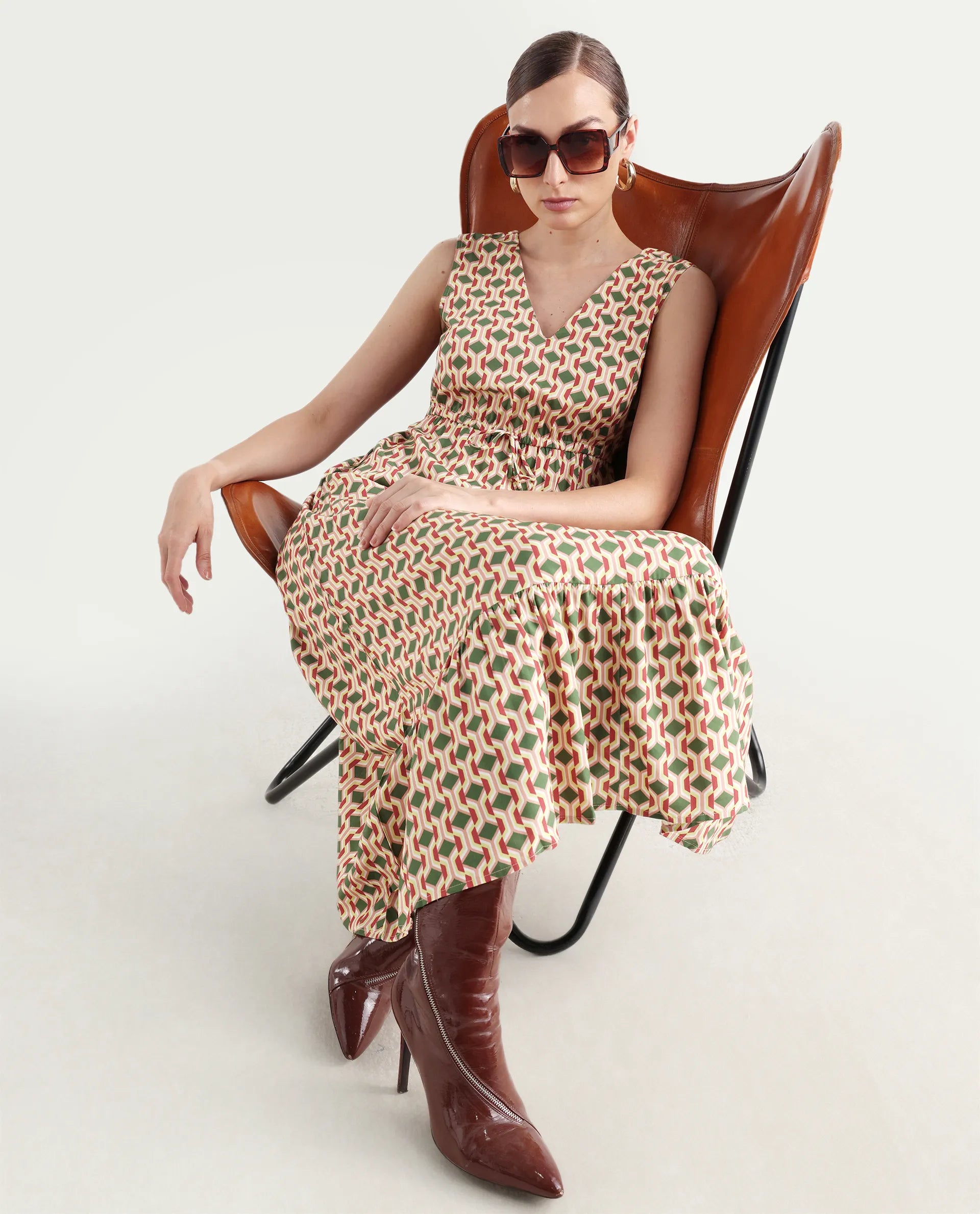 Rareism Women's Braytown Multi Viscose V-Neck Geometric Print Sleeveless Maxi Fit And Flare Dress