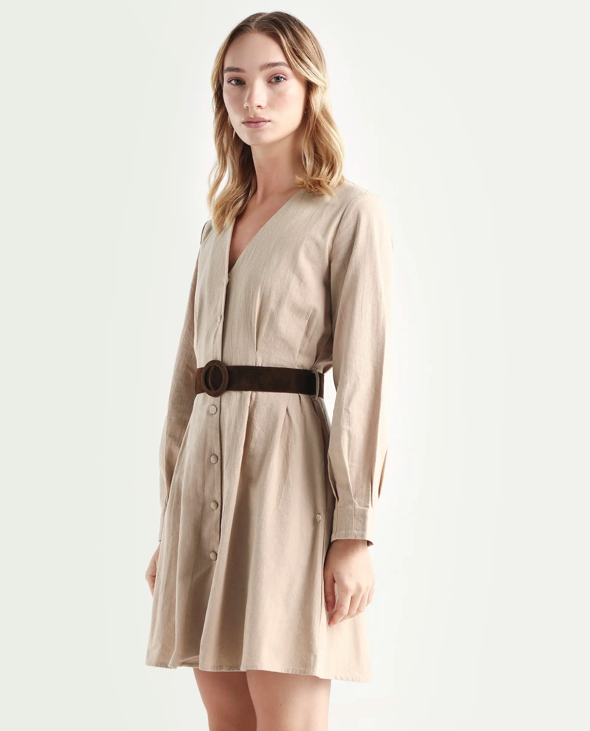 Rareism Women's Nami Beige Cotton V-Neck Plain Cuffed Sleeve Knee Length A-Line Dress