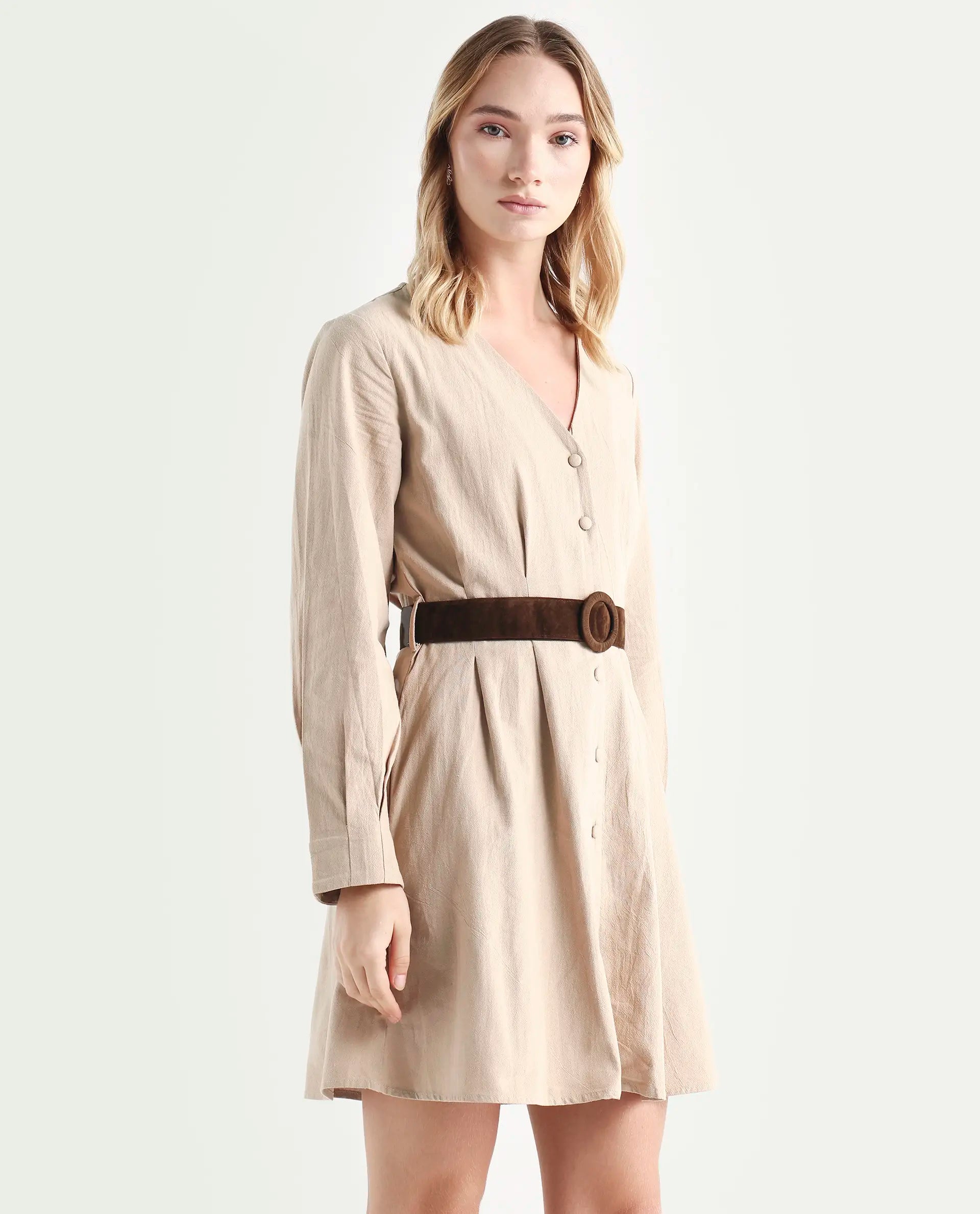 Rareism Women's Nami Beige Cotton V-Neck Plain Cuffed Sleeve Knee Length A-Line Dress