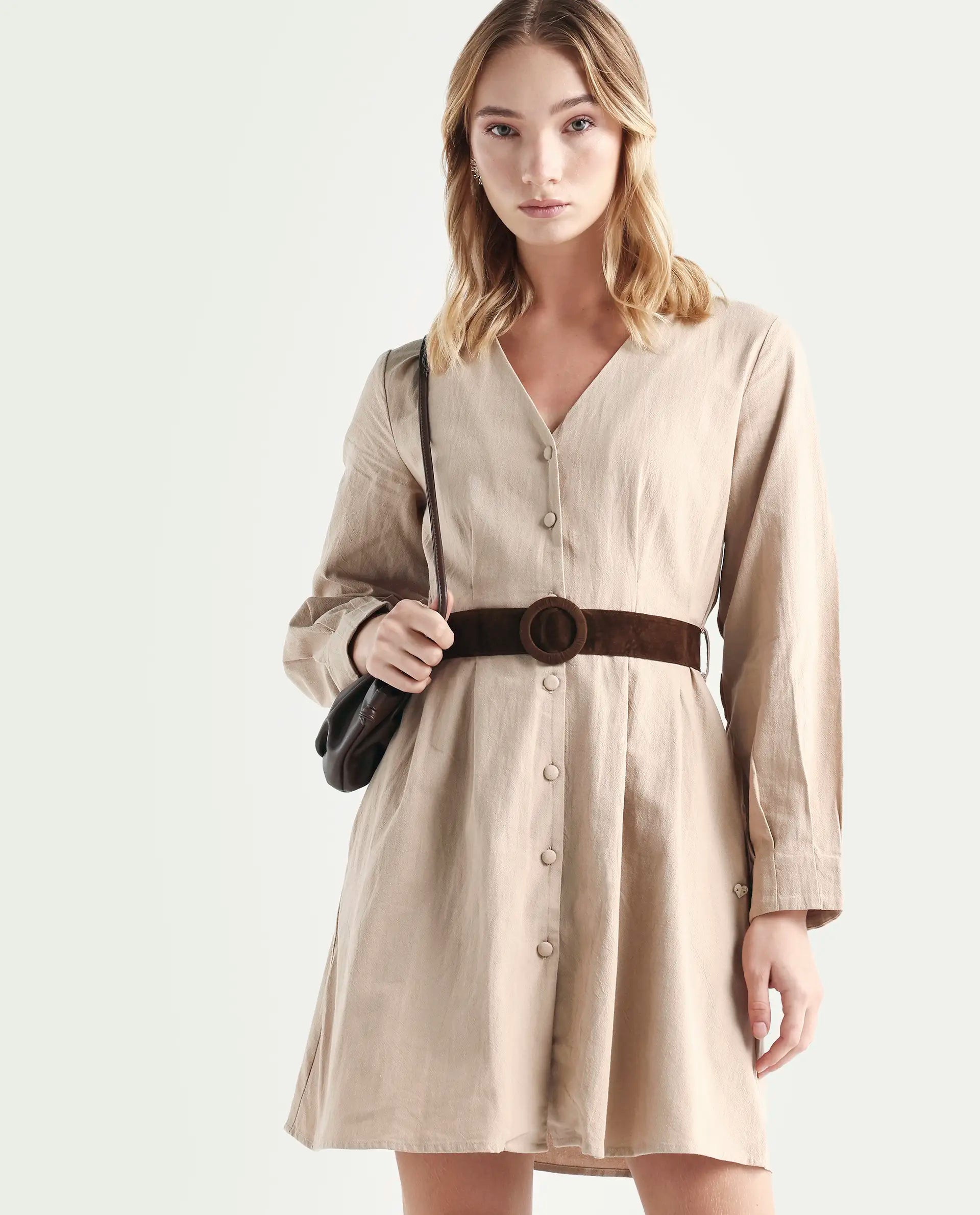 Rareism Women's Nami Beige Cotton V-Neck Plain Cuffed Sleeve Knee Length A-Line Dress