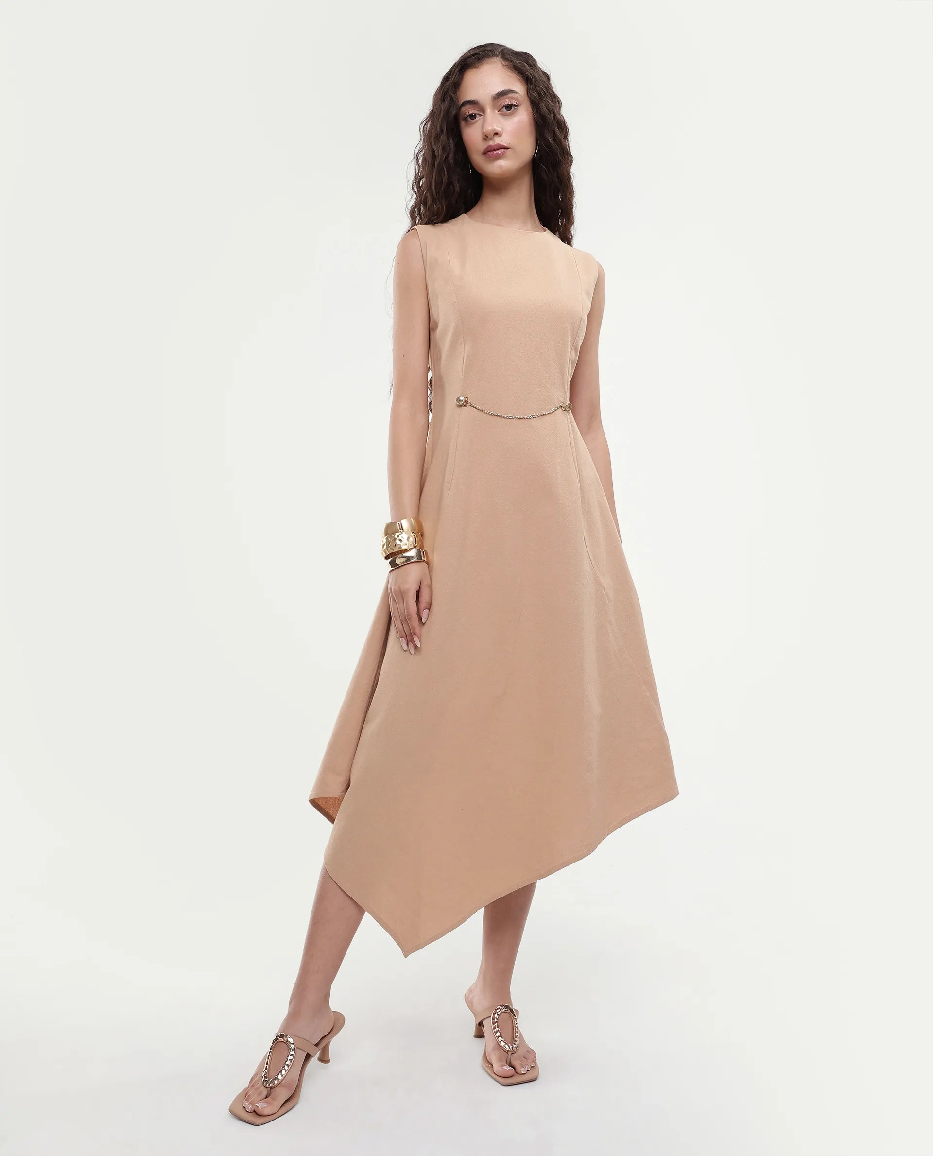 Rareism Women's Melrick Beige Cotton Crew Neck Plain Sleeveless Maxi A-Line Dress