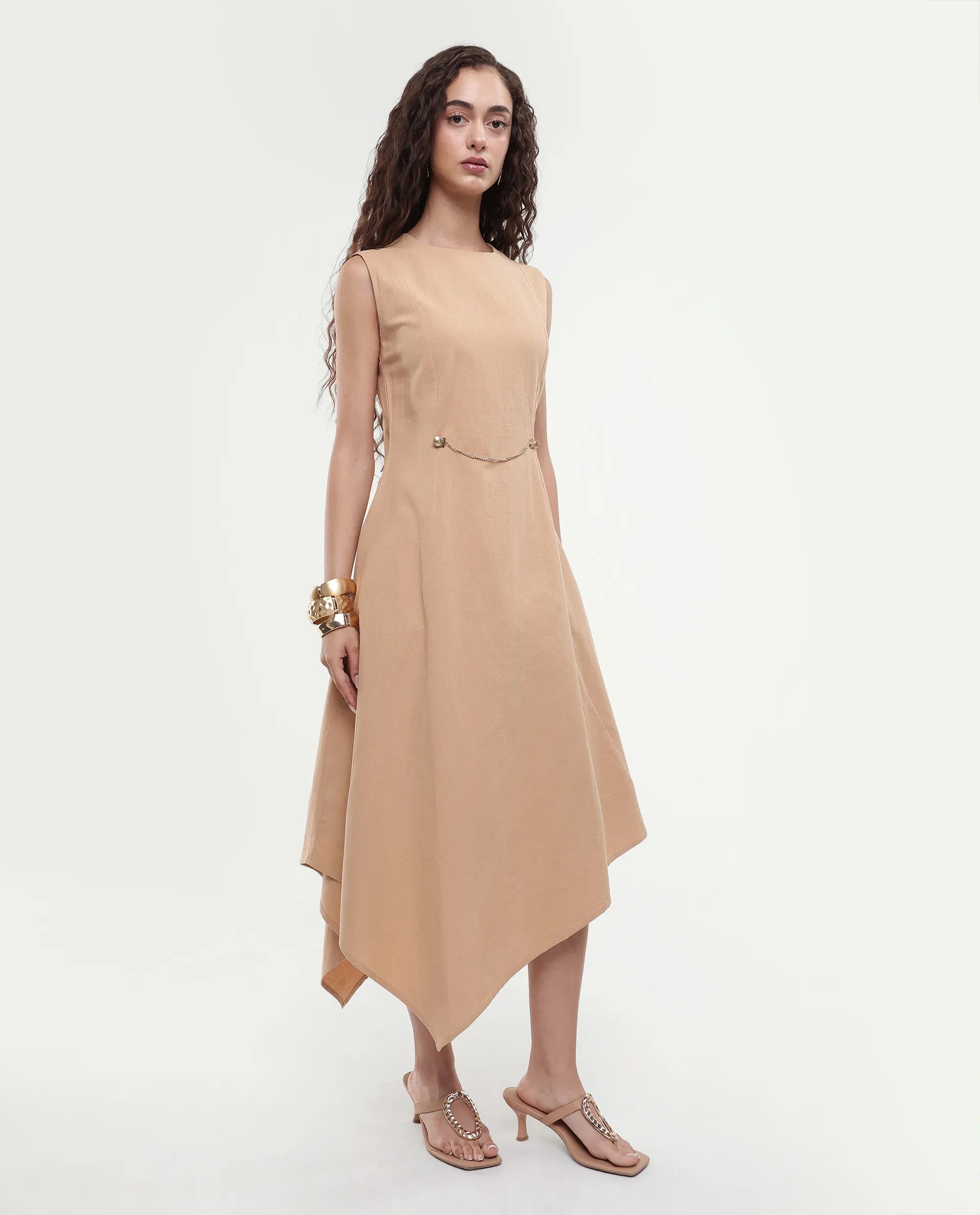 Rareism Women's Melrick Beige Cotton Crew Neck Plain Sleeveless Maxi A-Line Dress