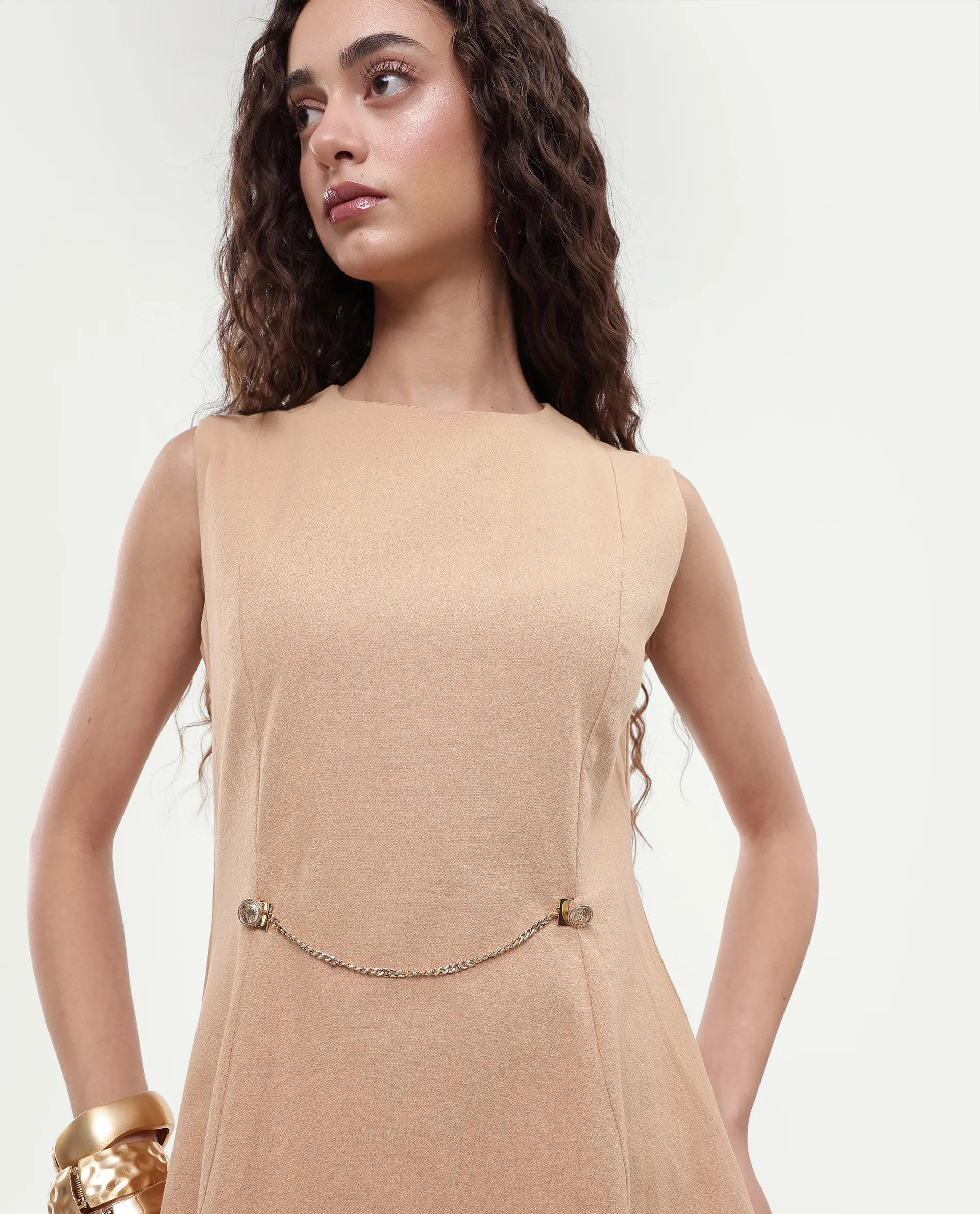 Rareism Women's Melrick Beige Cotton Crew Neck Plain Sleeveless Maxi A-Line Dress