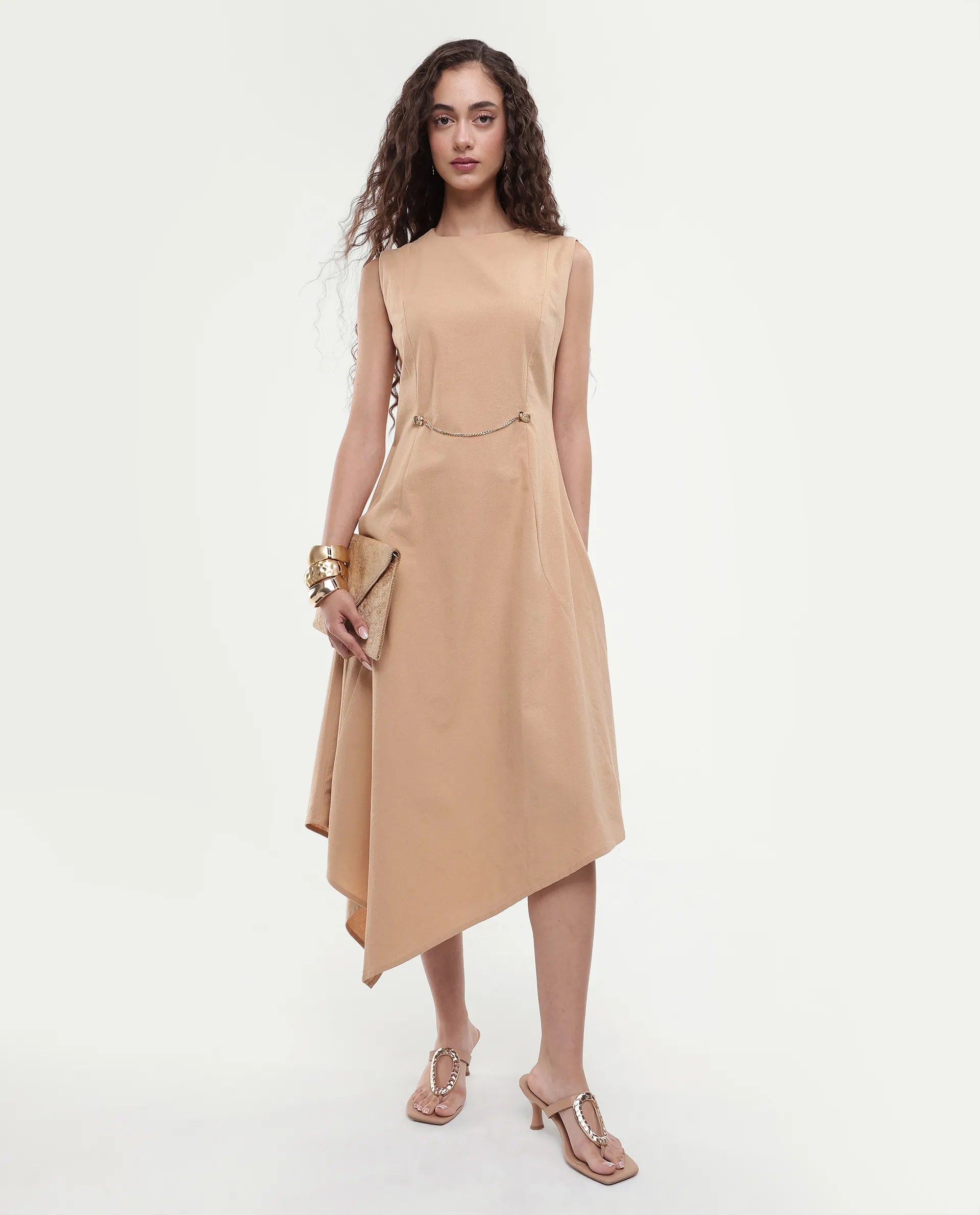 Rareism Women's Melrick Beige Cotton Crew Neck Plain Sleeveless Maxi A-Line Dress