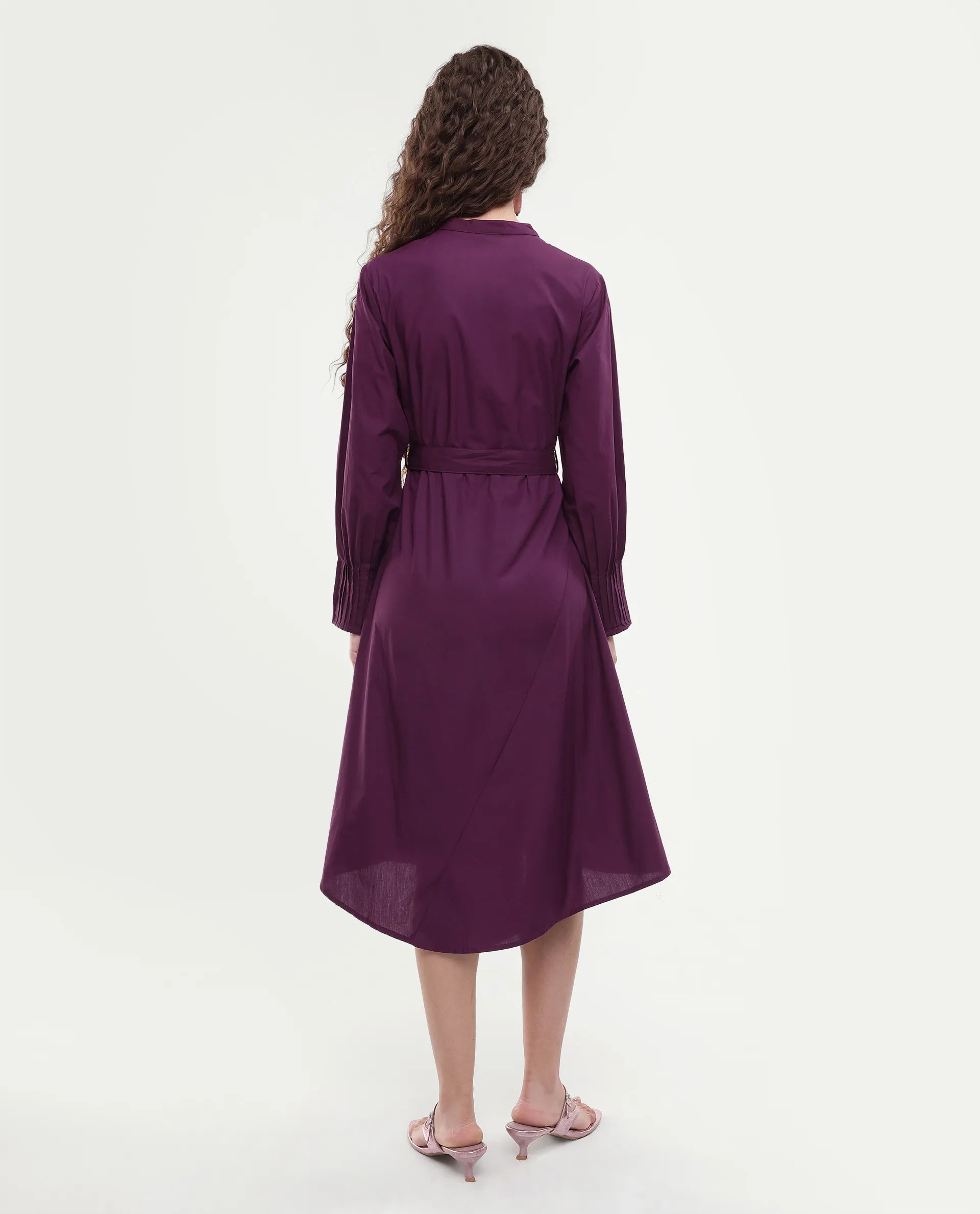 Rareism Women's Iona Purple Cotton Mandarin Collar Plain Cuffed Sleeve Midi Fit And Flare Dress
