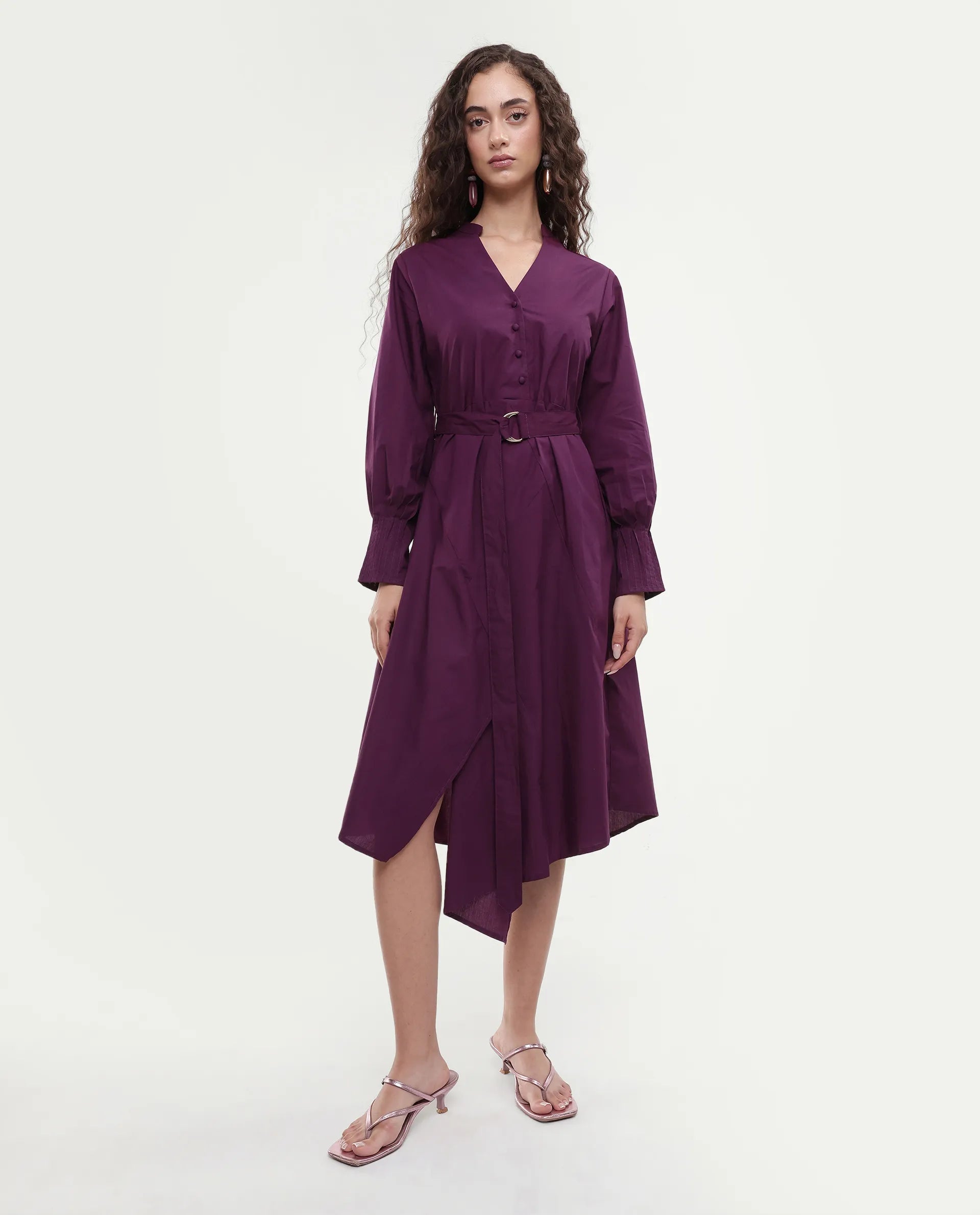 Rareism Women's Iona Purple Cotton Mandarin Collar Plain Cuffed Sleeve Midi Fit And Flare Dress